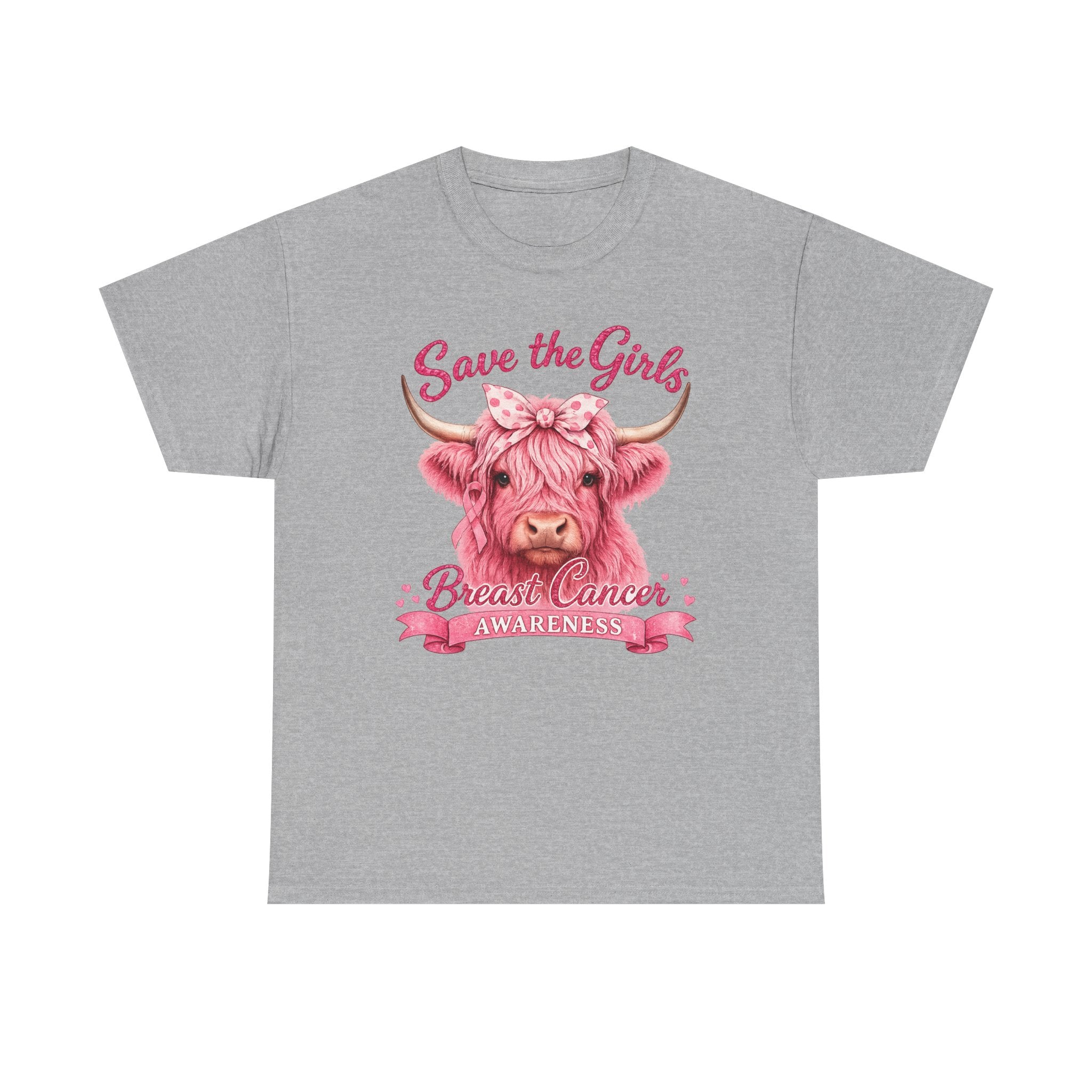 Breast Cancer Awareness Tee — "Save the Girls" Pink Highland Cow Shirt