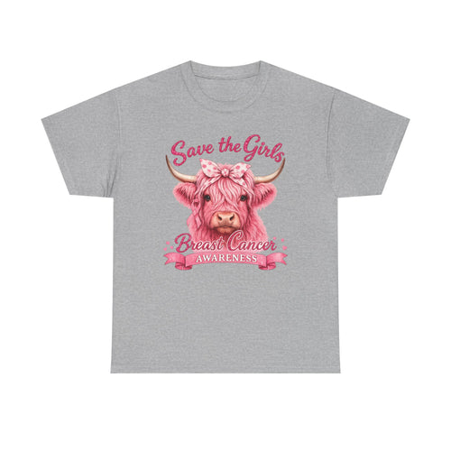 Breast Cancer Awareness Tee — "Save the Girls" Pink Highland Cow Shirt