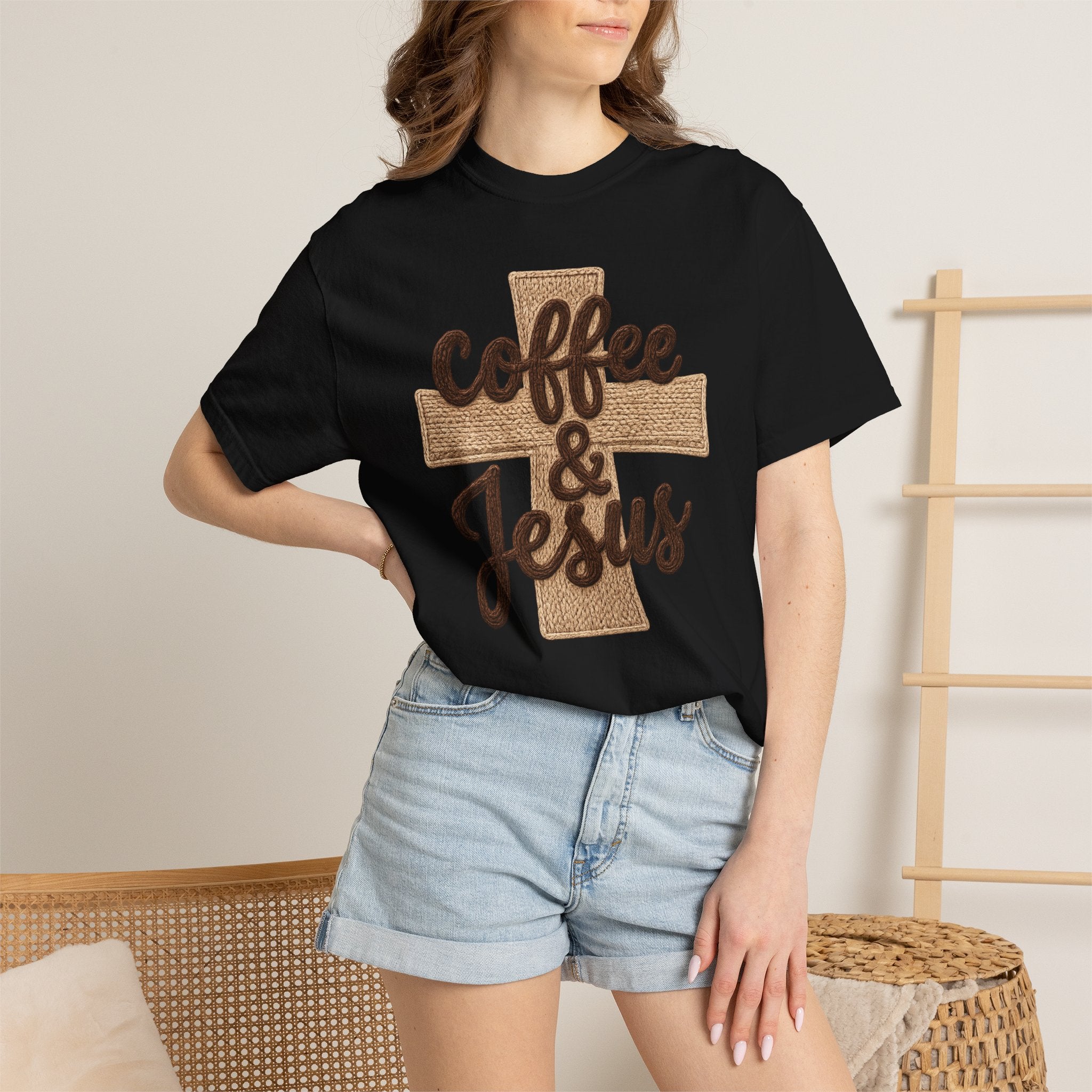 Coffee & Jesus T-Shirt — Christian Faith Graphic Tee with Cross
