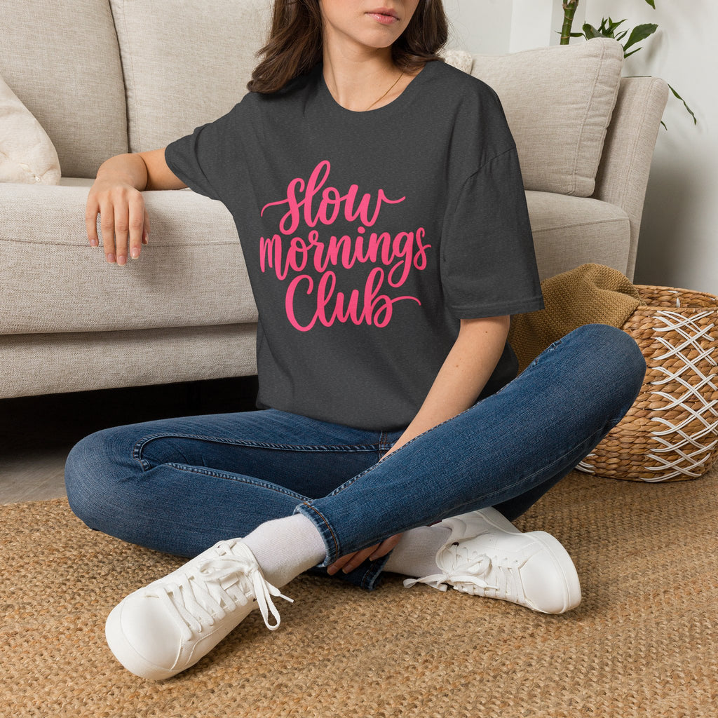 Slow Mornings Club Tee — Relaxed Graphic T-Shirt with Pink Script
