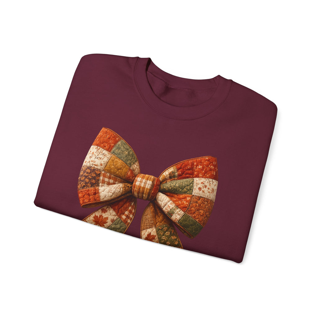 Patchwork Bow Sweatshirt — Cozy Autumn Plaid Crewneck