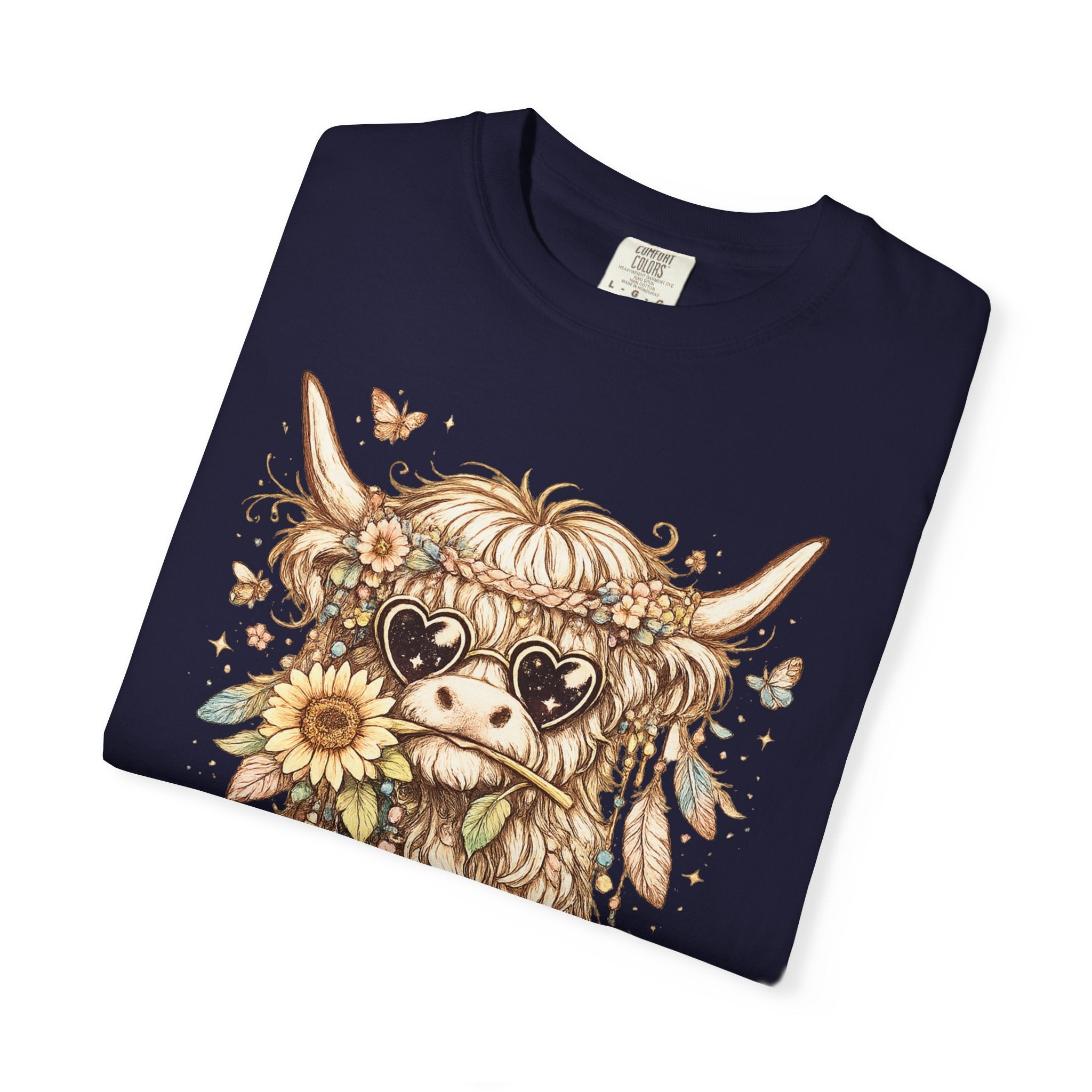 Highland Cow Floral T‑Shirt — Sunflower Boho Highland Cattle Tee