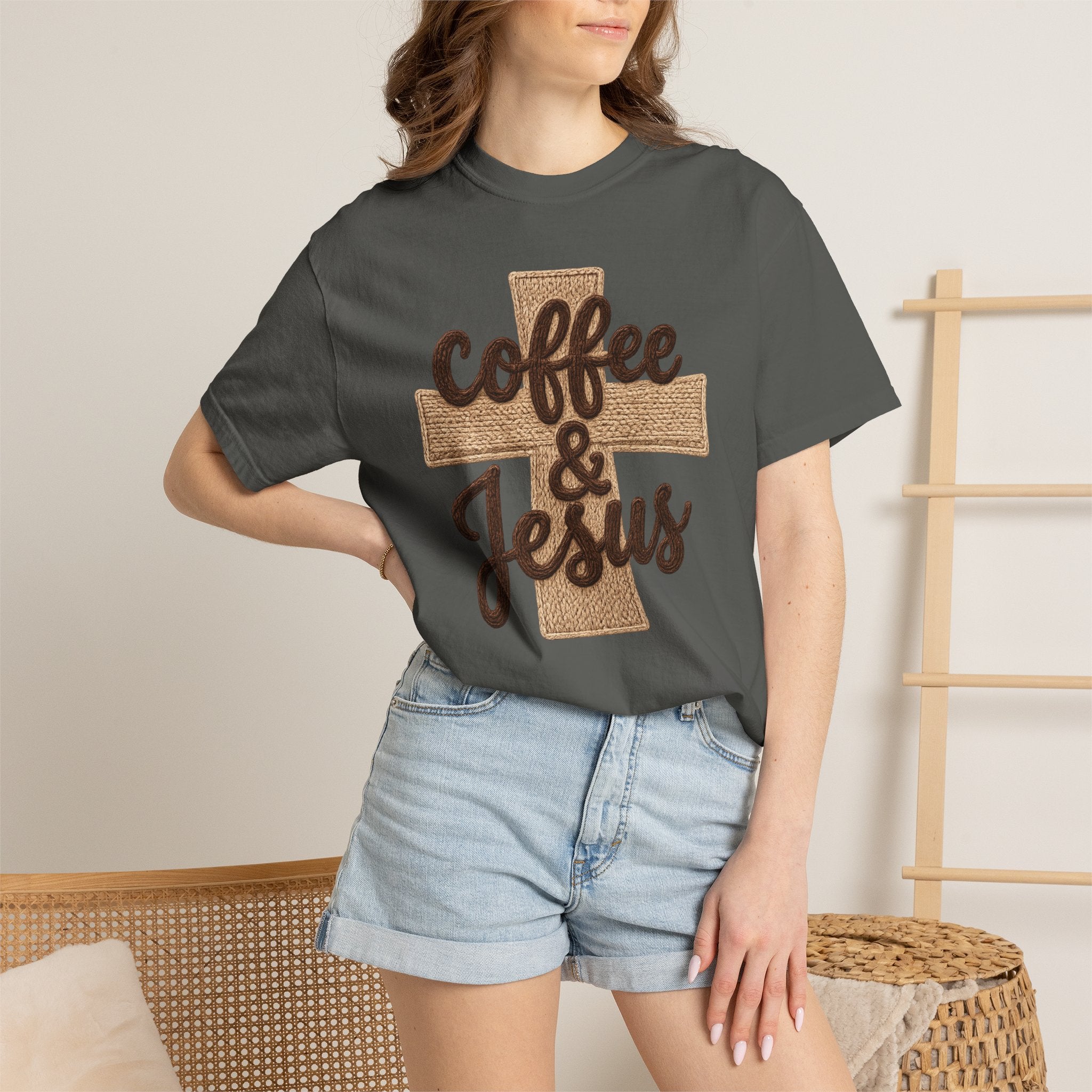 Coffee & Jesus T-Shirt — Christian Faith Graphic Tee with Cross