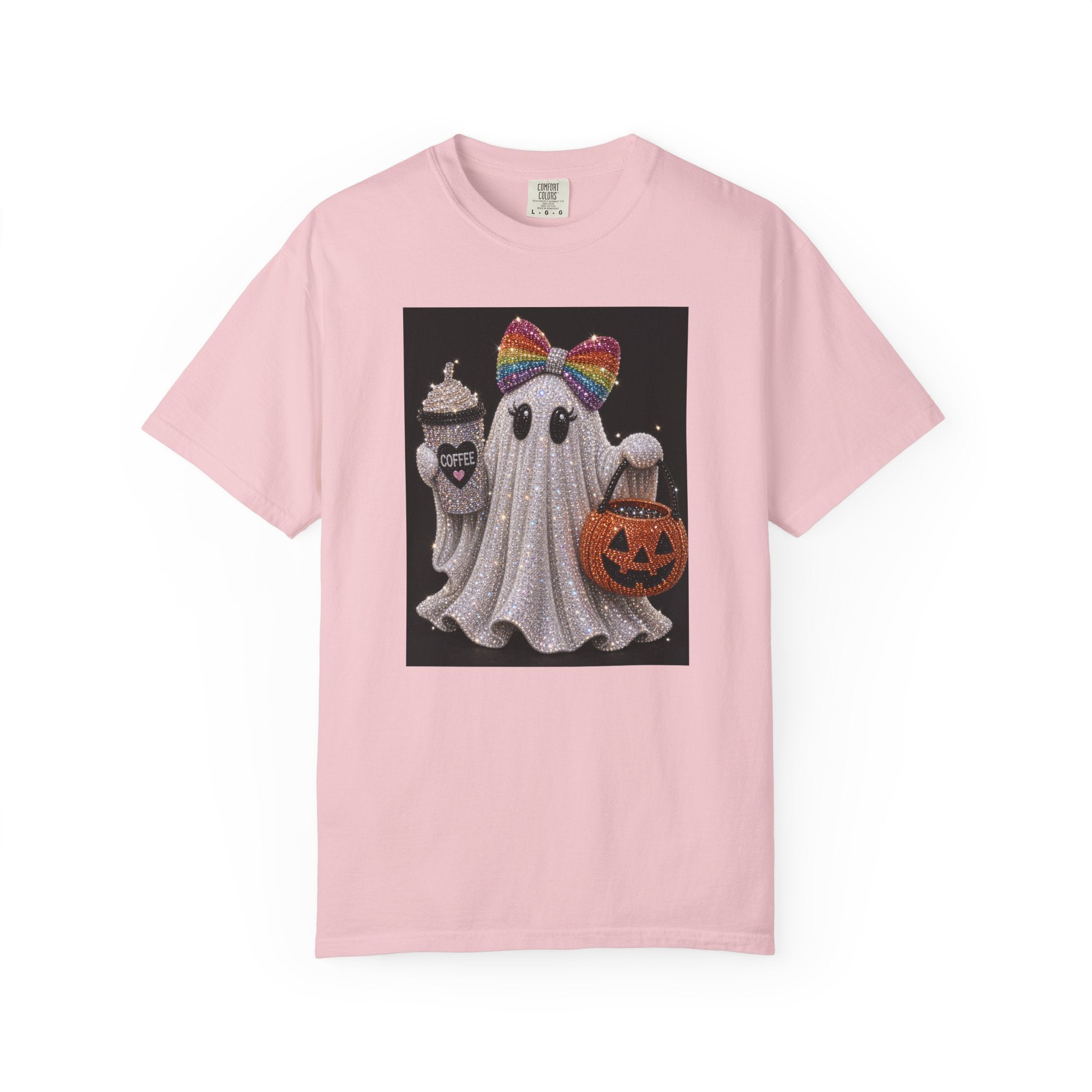 Halloween Ghost T-Shirt — Glitter Ghost with Rainbow Bow, Pumpkin & Coffee