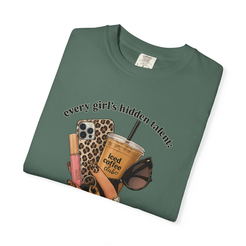 T-Shirt — Every Girl’s Hidden Talents Graphic Tee (coffee, makeup, phone, sunglasses)