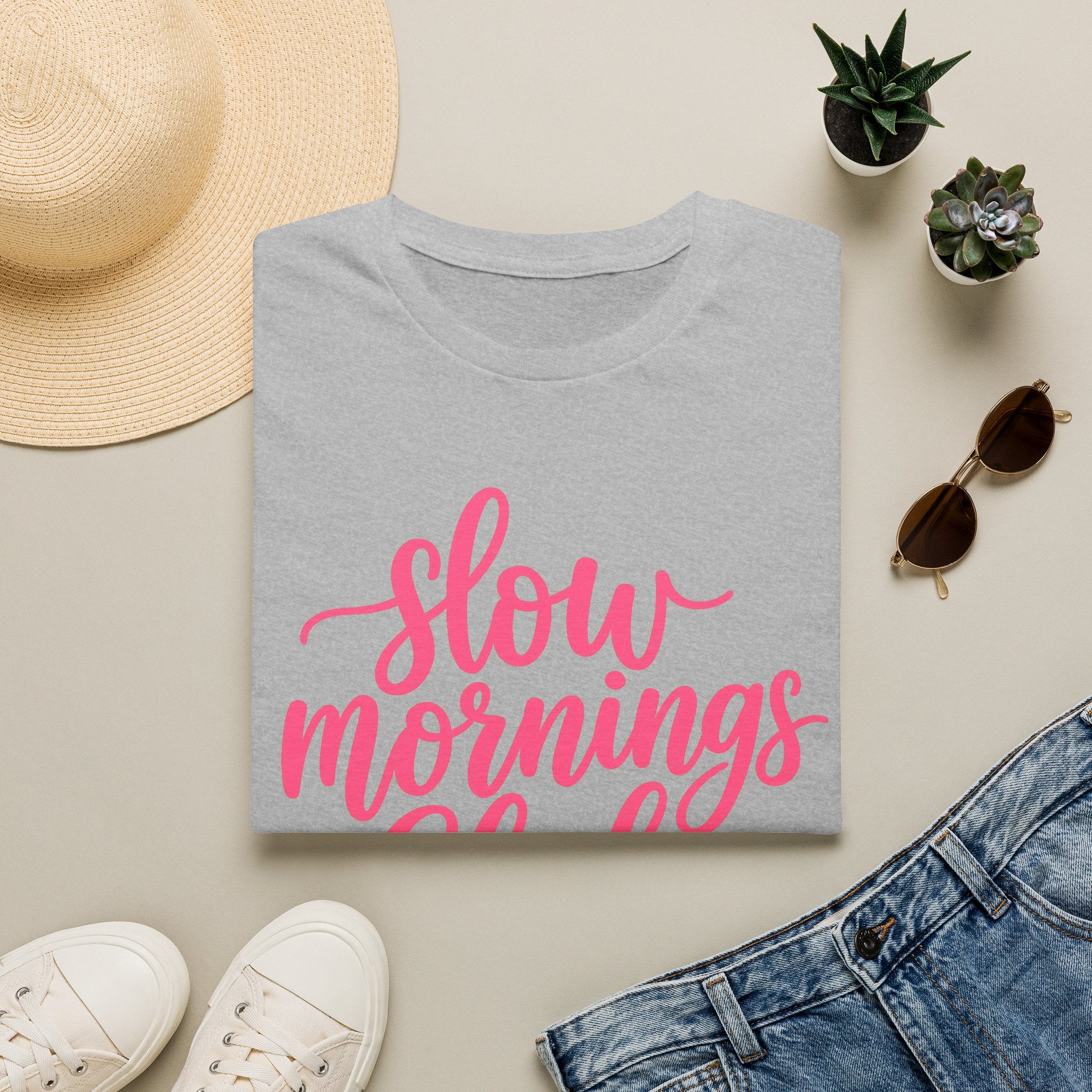 Slow Mornings Club Tee — Relaxed Graphic T-Shirt with Pink Script