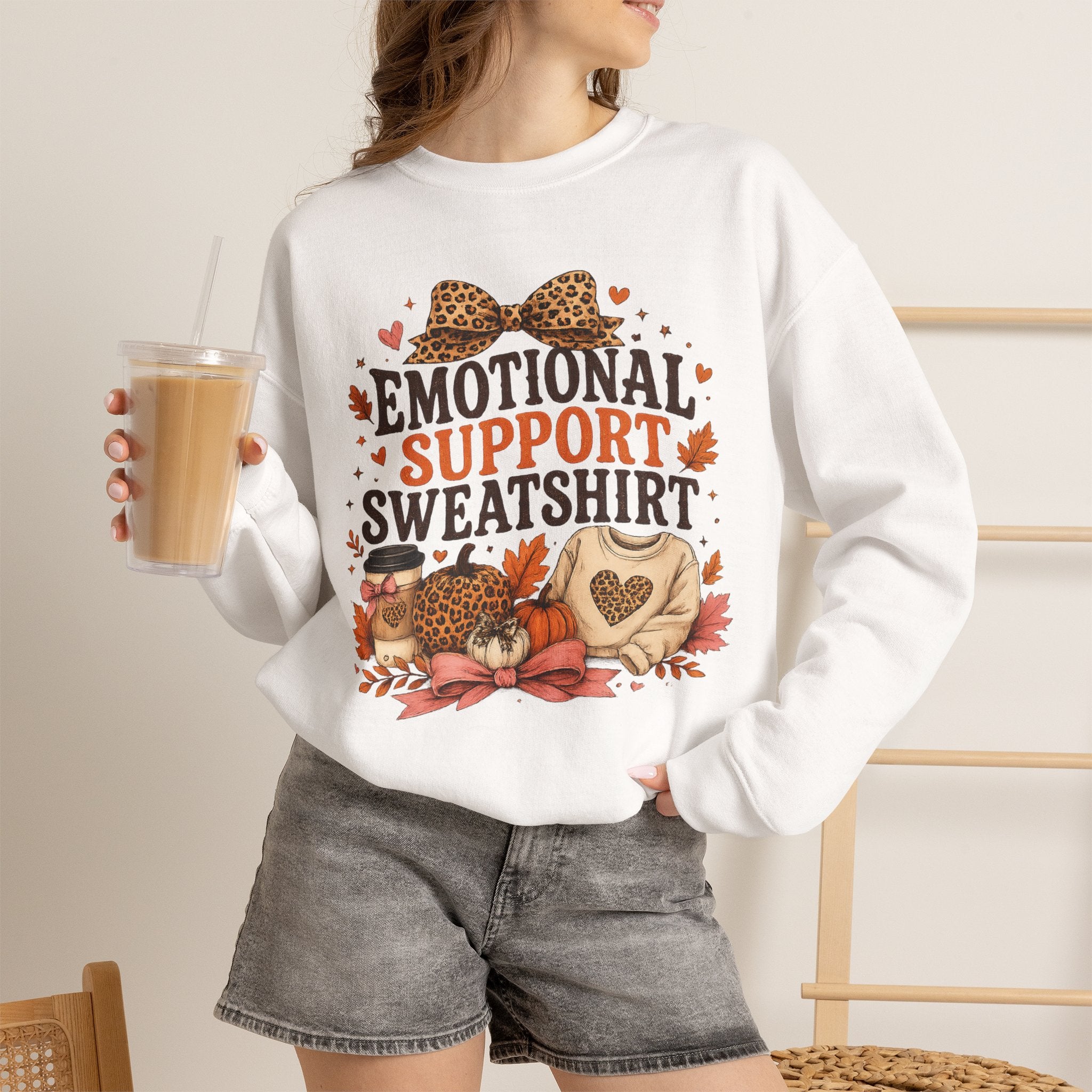 Emotional Support Sweatshirt Crewneck - Cozy Fall Leopard Pumpkin Design