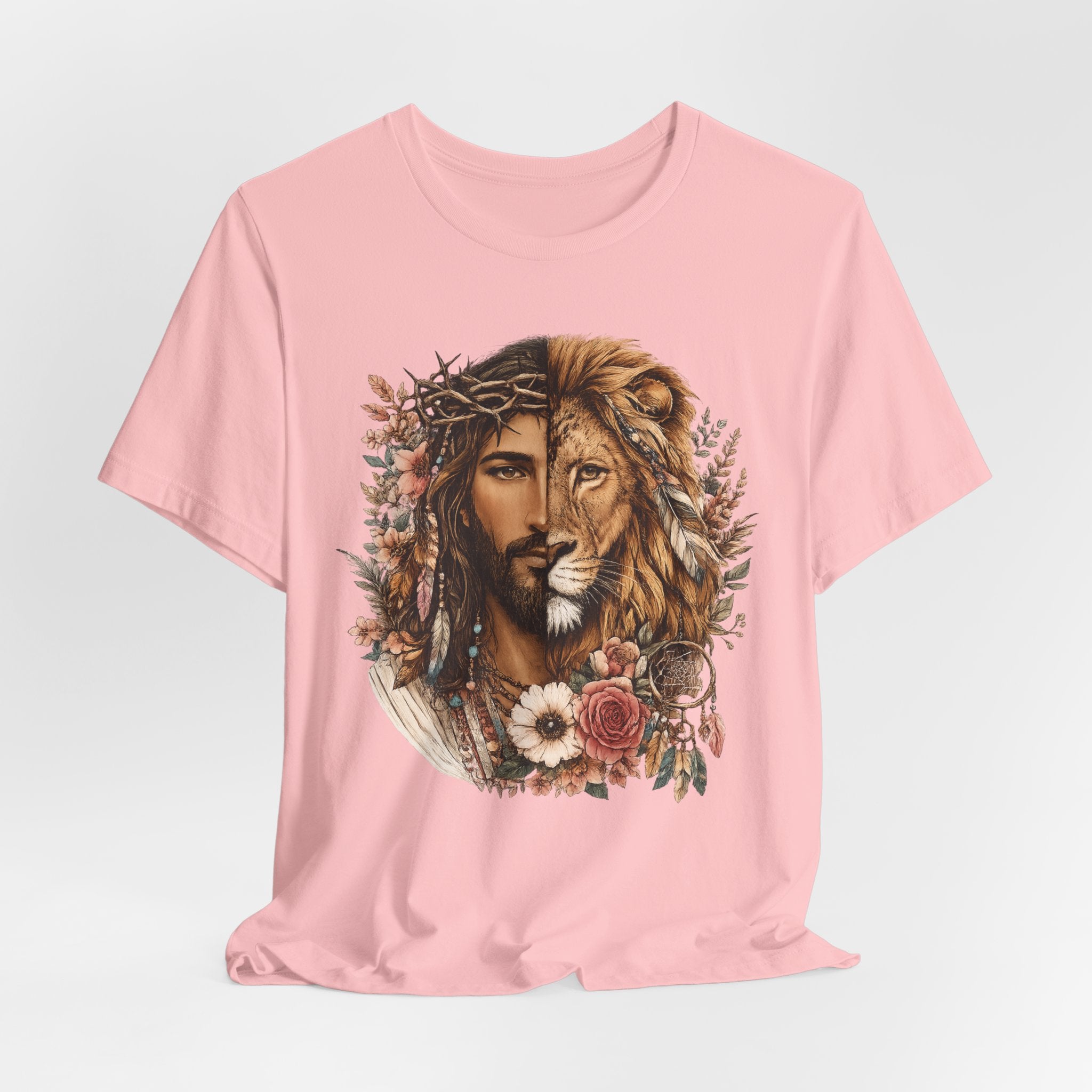 Lion and Woman Floral Portrait Tee — Spiritual Boho Graphic T-Shirt