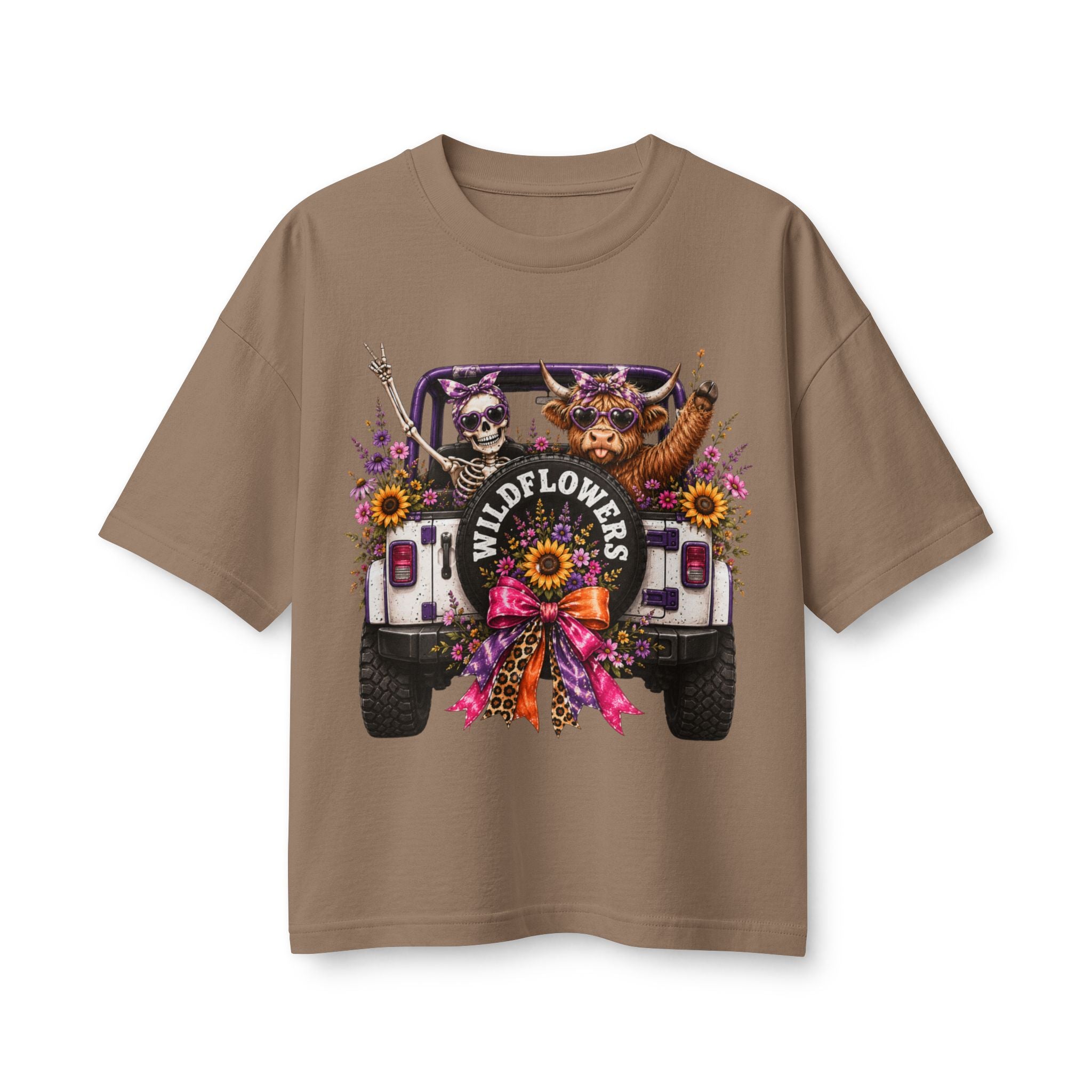 Wildflowers Jeep Crewneck Tee — Cute Skull & Pup Floral Graphic Shirt