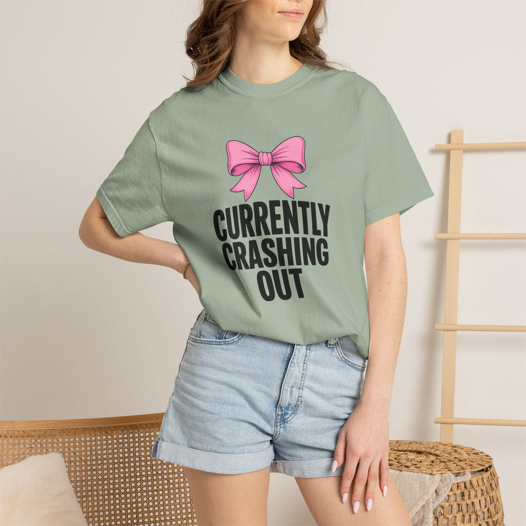 T-Shirt — "Currently Crashing Out" Pink Bow Graphic Tee