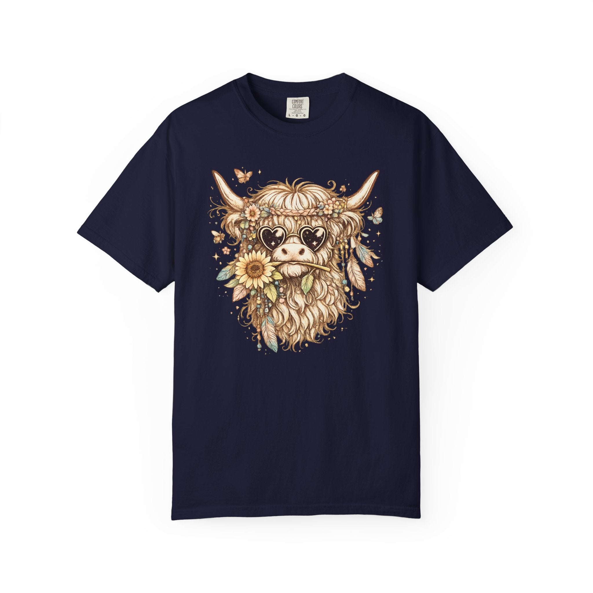Highland Cow Floral T‑Shirt — Sunflower Boho Highland Cattle Tee