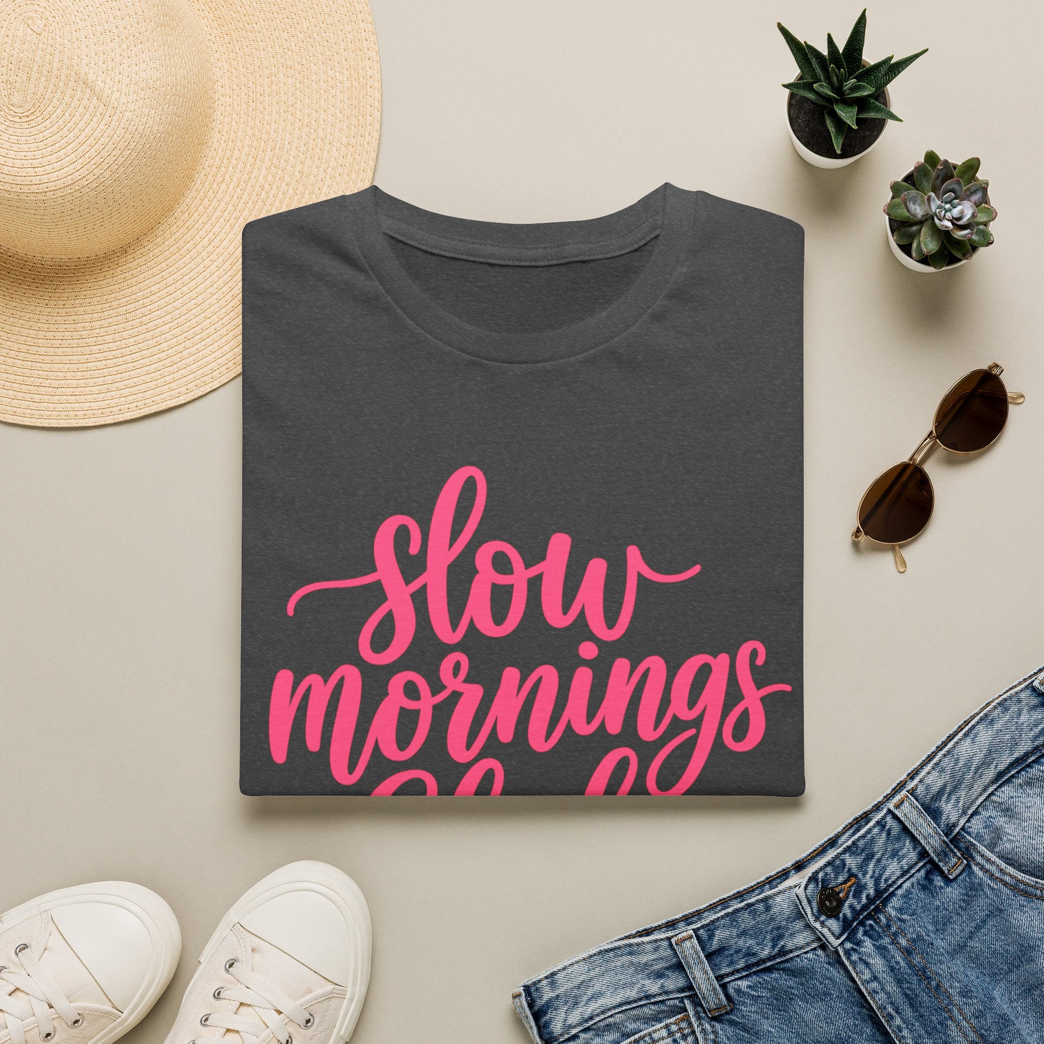 Slow Mornings Club Tee — Relaxed Graphic T-Shirt with Pink Script