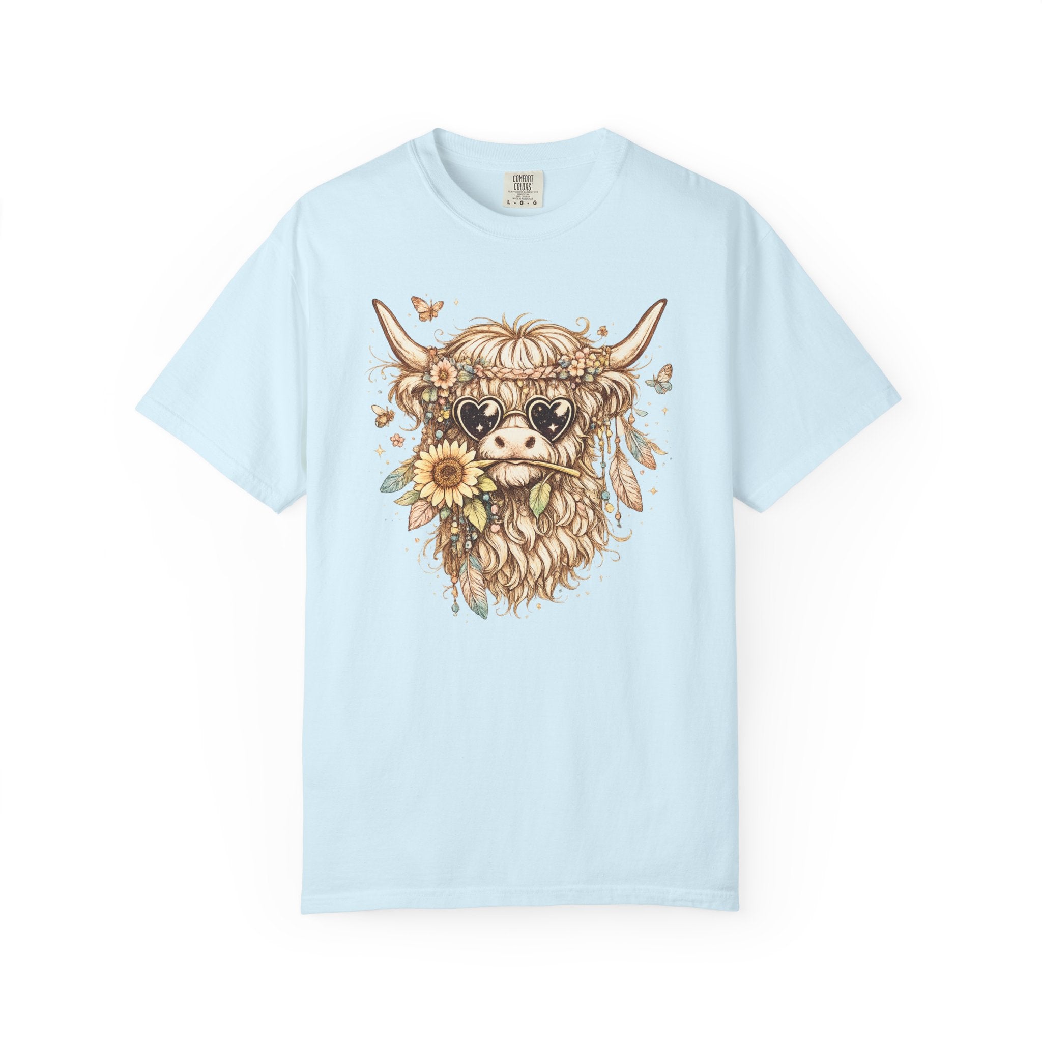 Highland Cow Floral T‑Shirt — Sunflower Boho Highland Cattle Tee