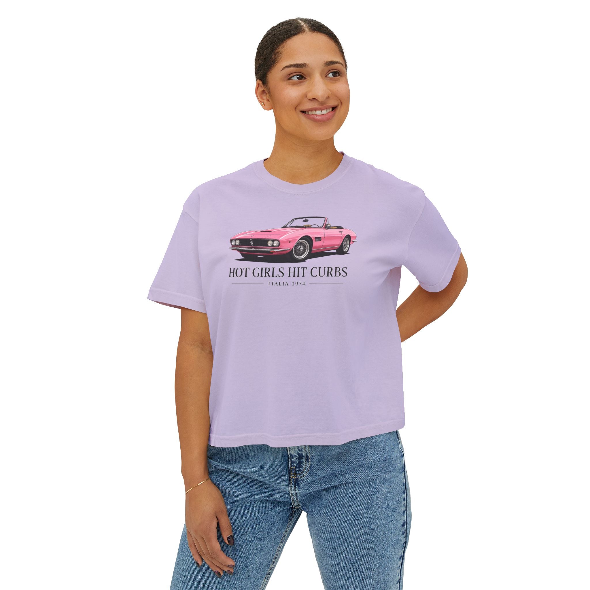 Women's Boxy Tee — 'Hot Girls Hit Curbs' Pink Convertible Graphic Crop Top