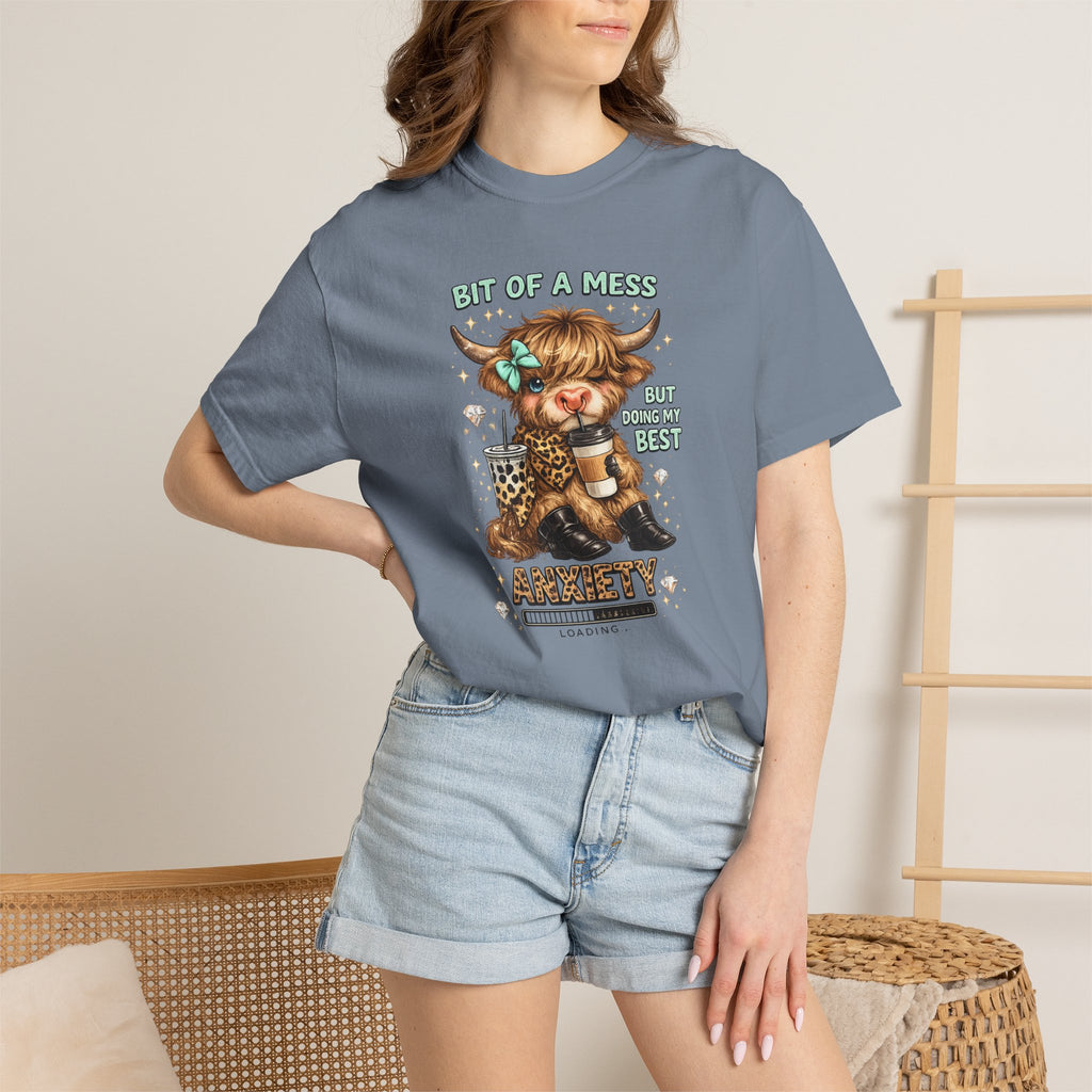 Bit of a Mess Anxiety Cowgirl Graphic T-Shirt — Cute Retro Cow Print Tee for Anxiety Awareness