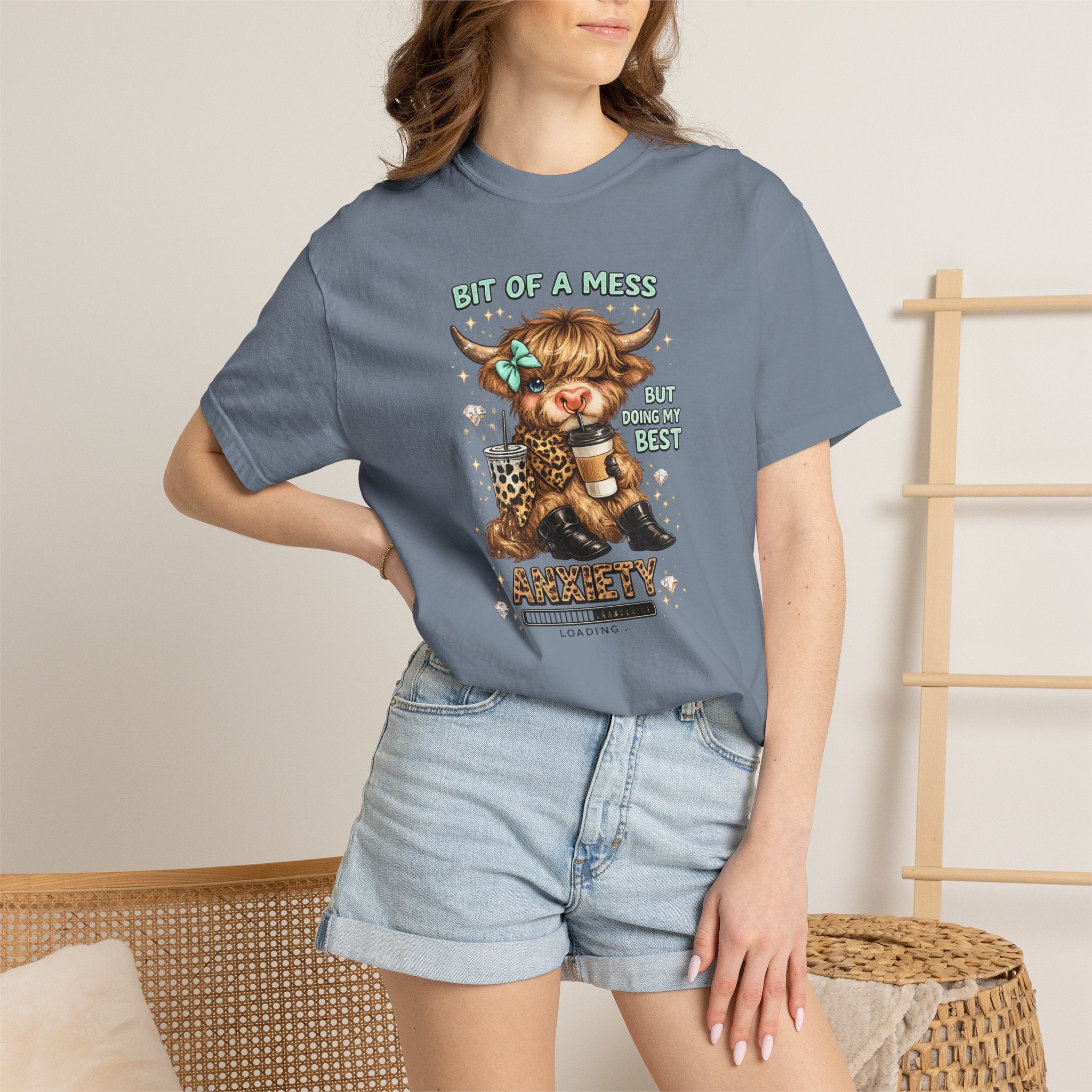 Bit of a Mess Anxiety Cowgirl Graphic T-Shirt — Cute Retro Cow Print Tee for Anxiety Awareness
