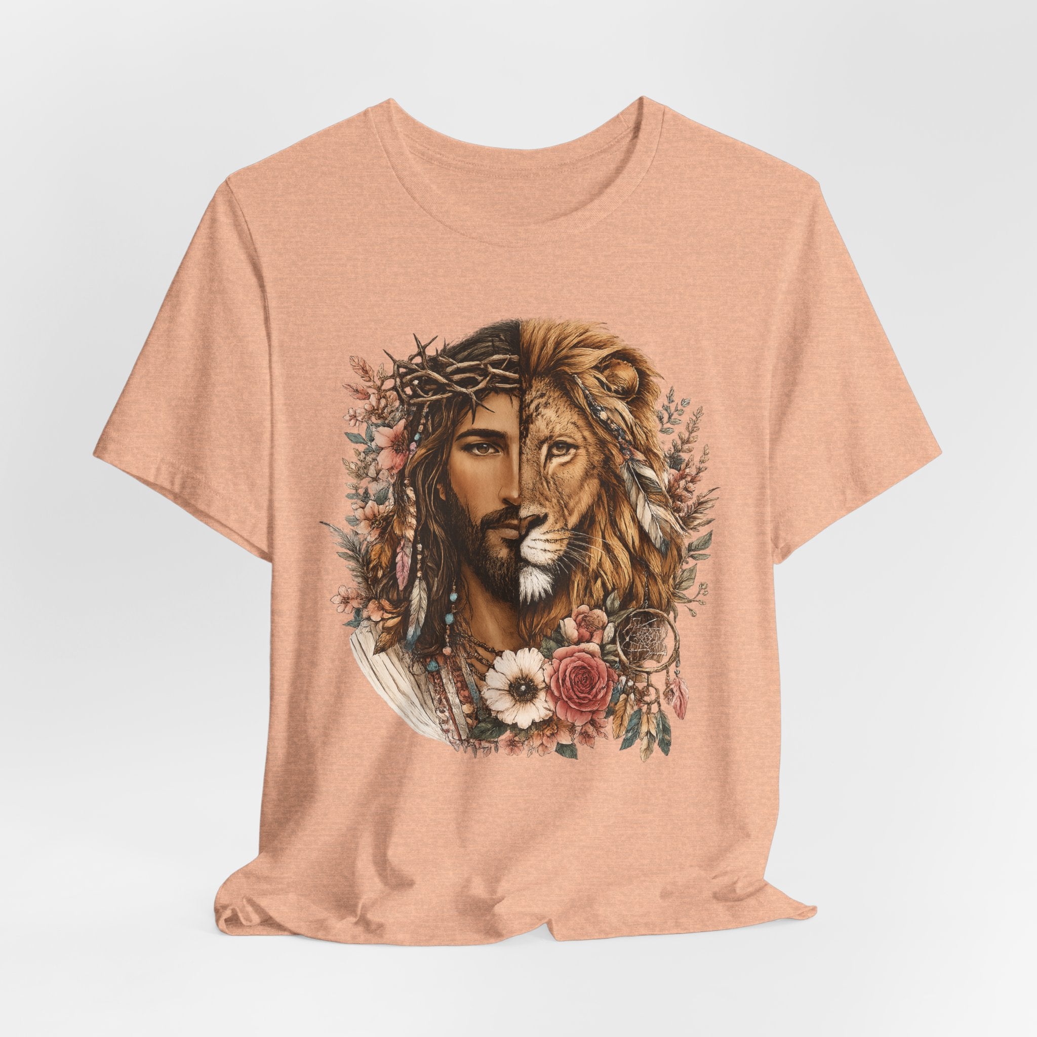 Lion and Woman Floral Portrait Tee — Spiritual Boho Graphic T-Shirt