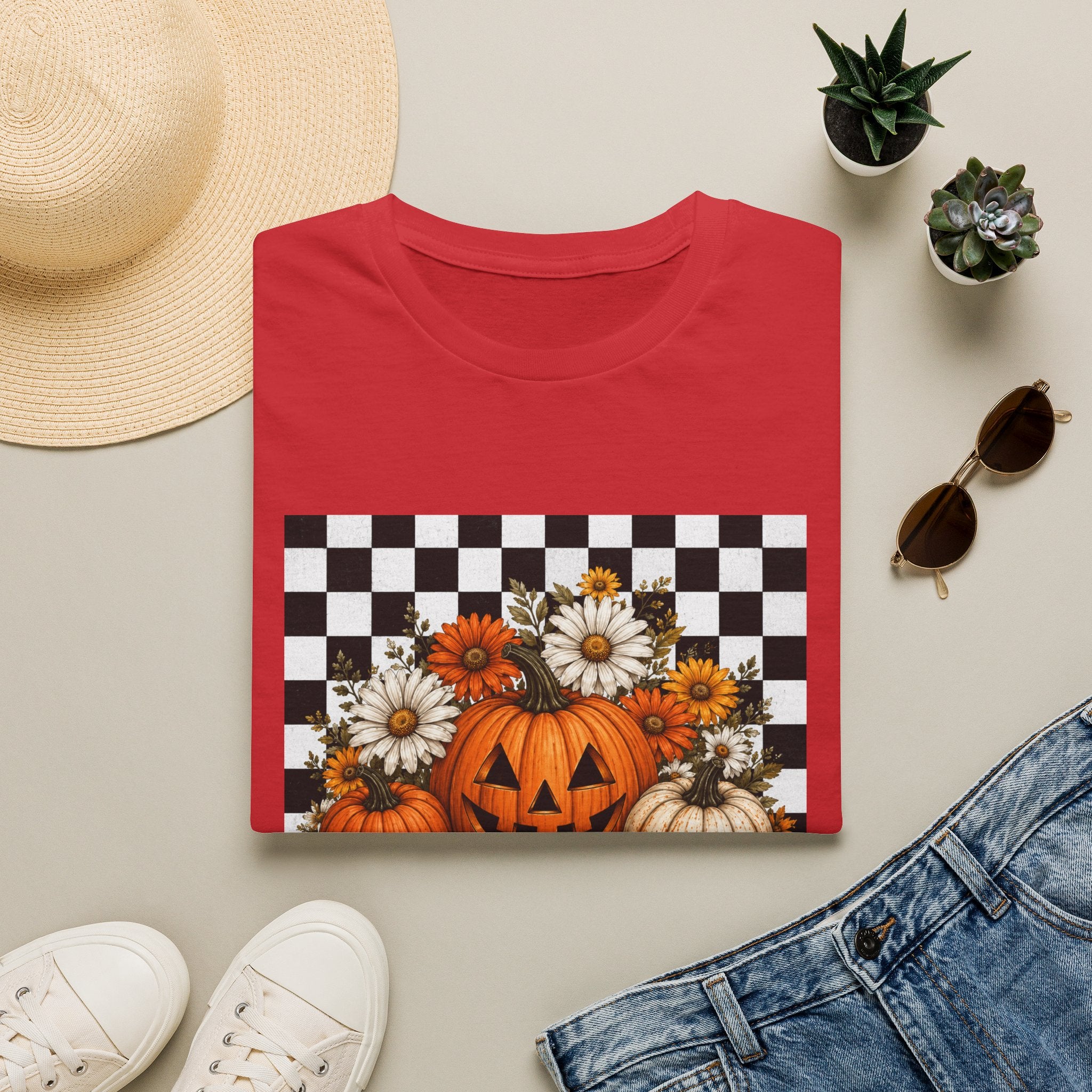 Halloween Pumpkin Floral T-Shirt — Checkerboard Jack-O'-Lantern Design