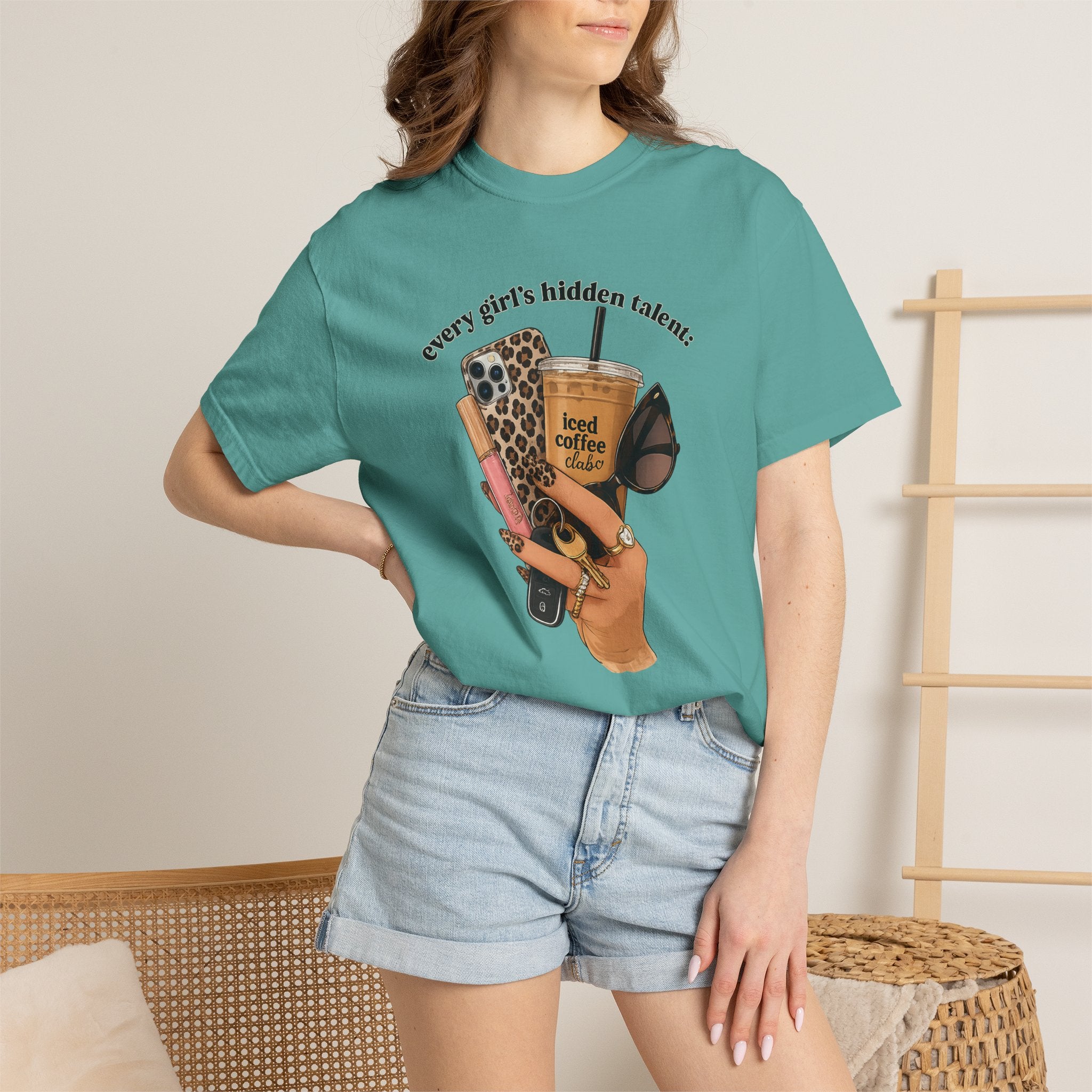 T-Shirt — Every Girl’s Hidden Talents Graphic Tee (coffee, makeup, phone, sunglasses)