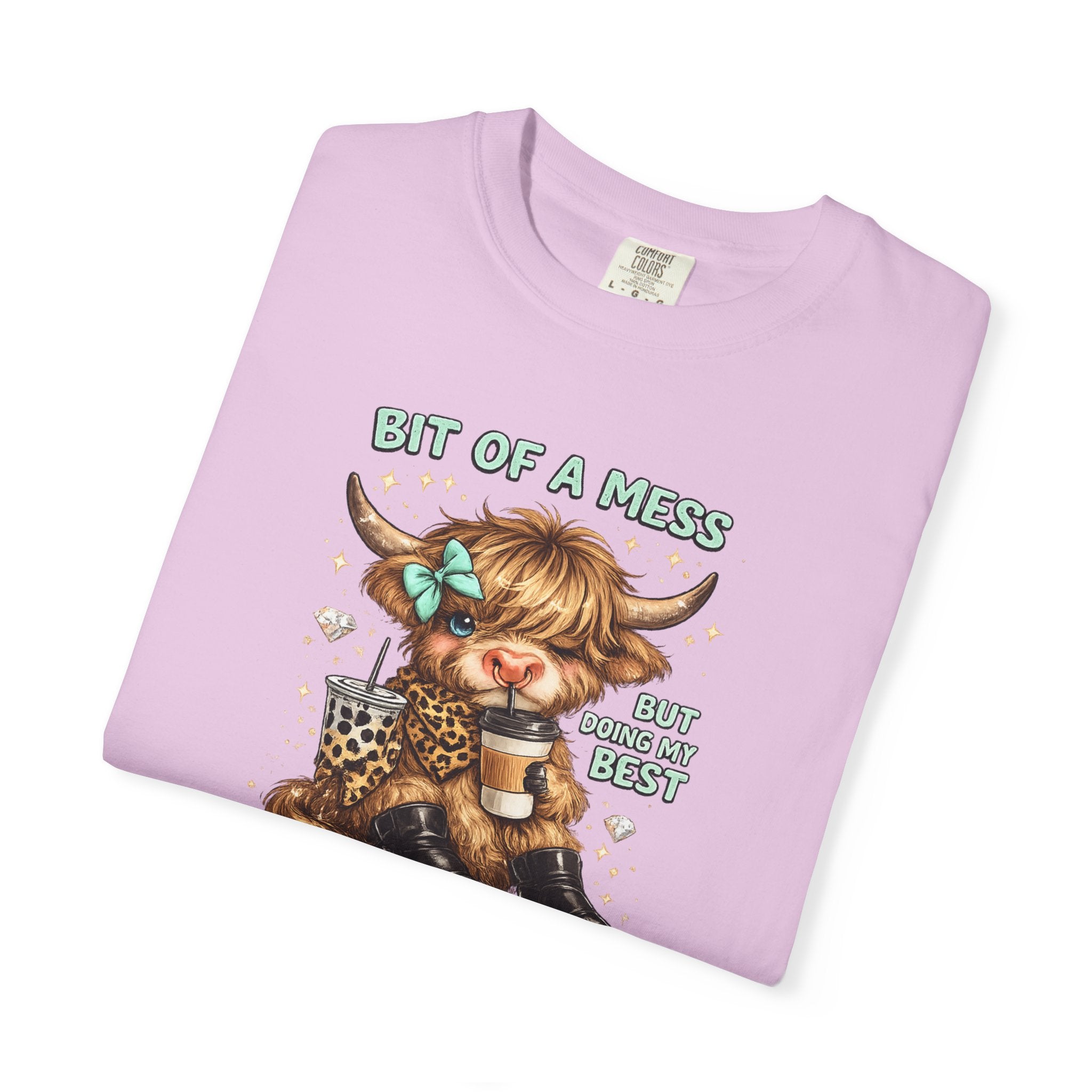 Bit of a Mess Anxiety Cowgirl Graphic T-Shirt — Cute Retro Cow Print Tee for Anxiety Awareness