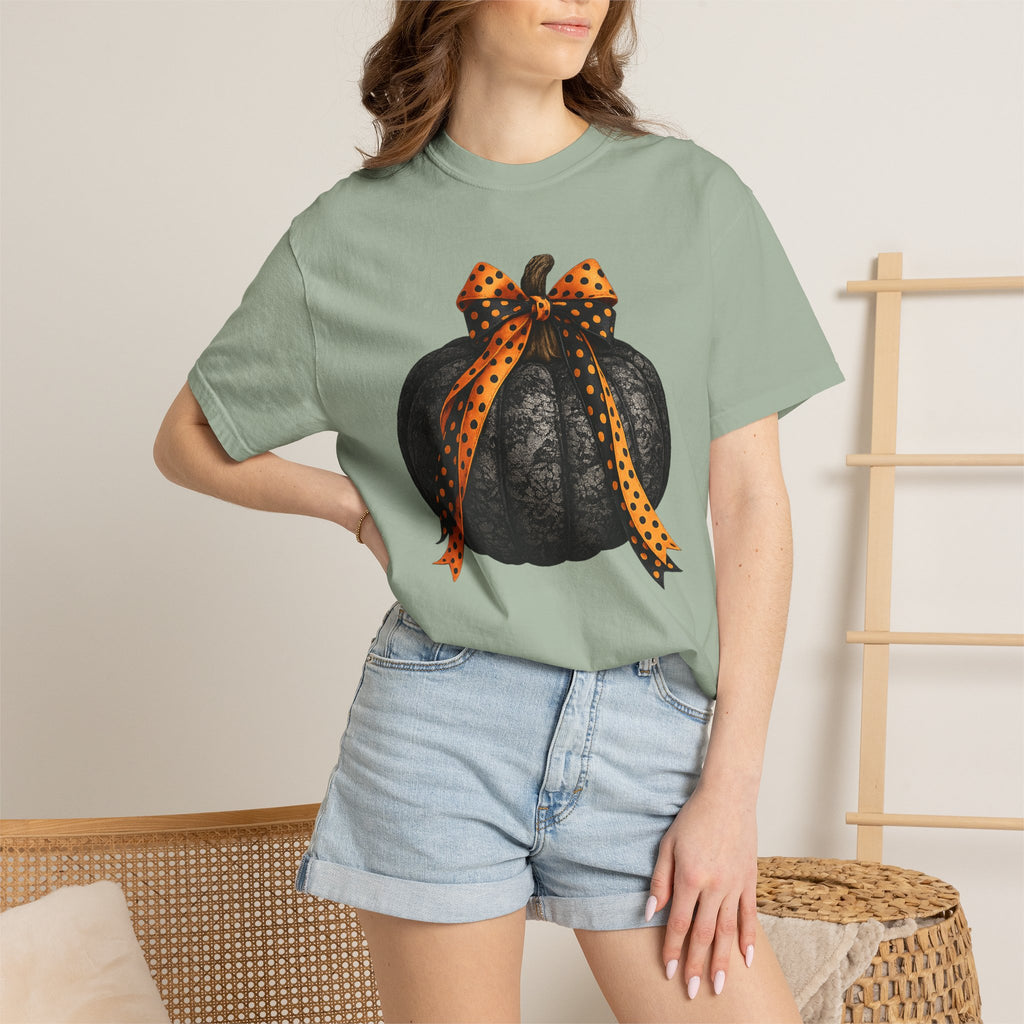 Halloween Black Pumpkin T‑Shirt with Polka Dot Bow