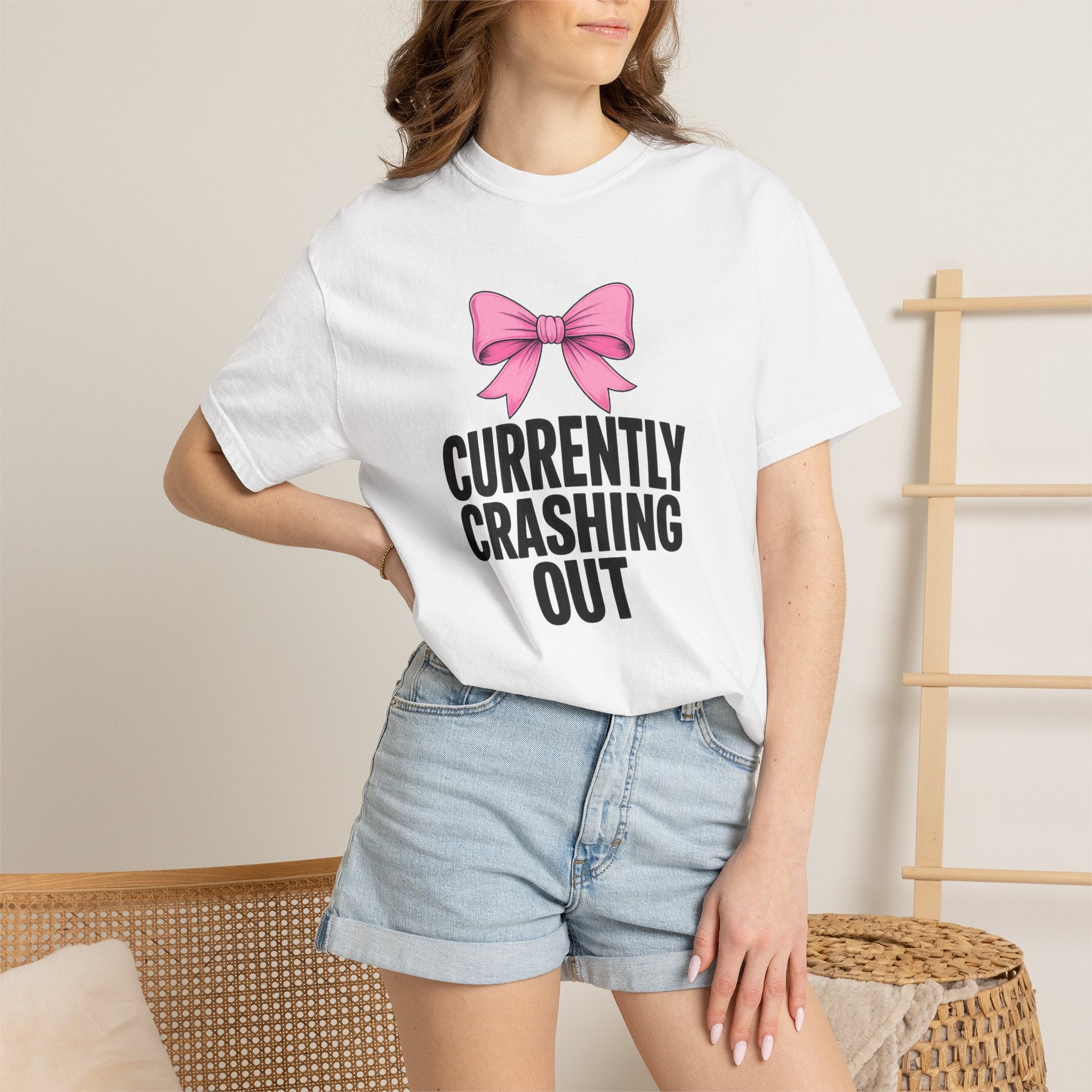 T-Shirt — "Currently Crashing Out" Pink Bow Graphic Tee
