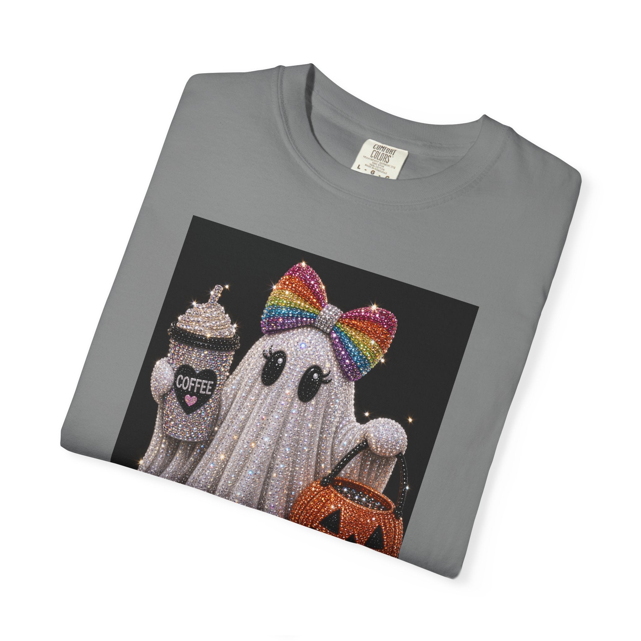 Halloween Ghost T-Shirt — Glitter Ghost with Rainbow Bow, Pumpkin & Coffee