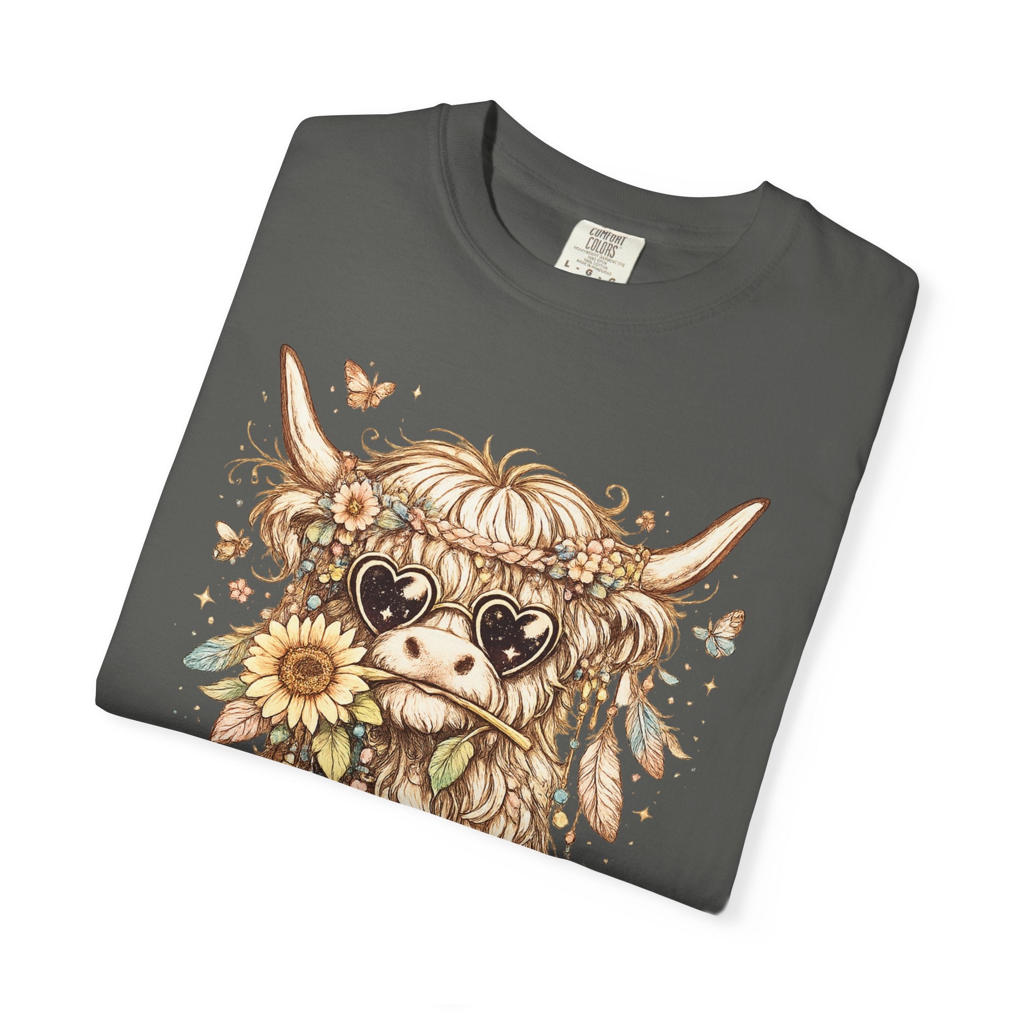 Highland Cow Floral T‑Shirt — Sunflower Boho Highland Cattle Tee