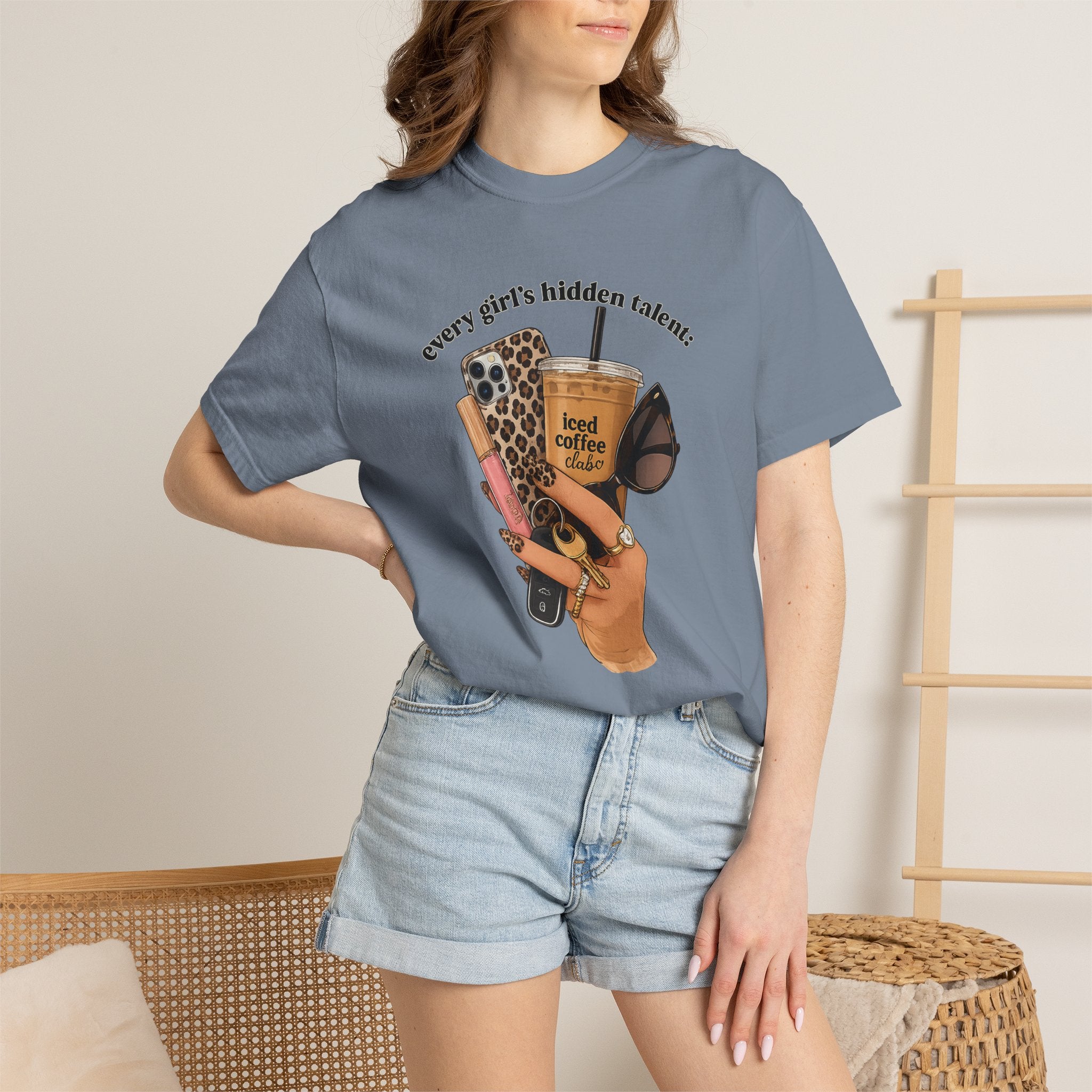 T-Shirt — Every Girl’s Hidden Talents Graphic Tee (coffee, makeup, phone, sunglasses)