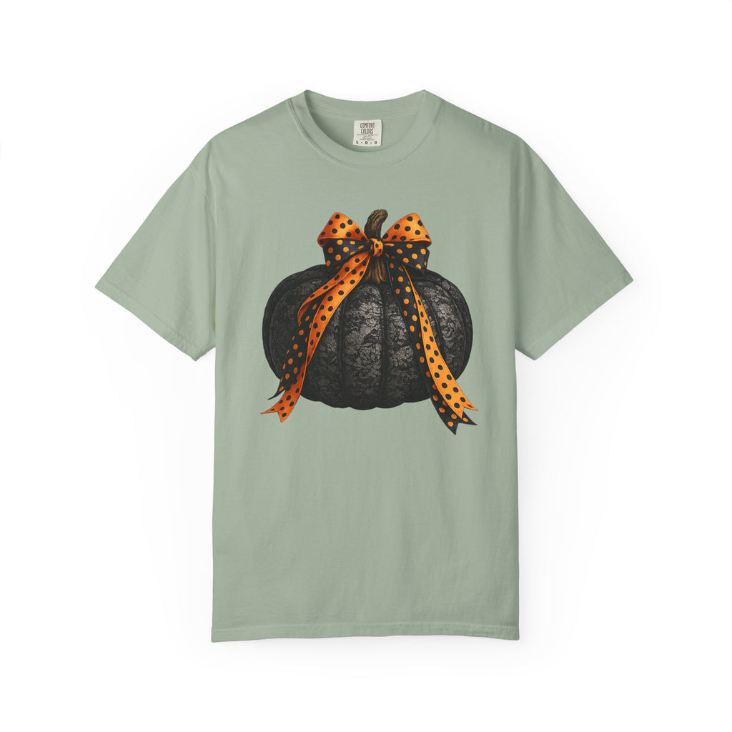 Halloween Black Pumpkin T‑Shirt with Polka Dot Bow