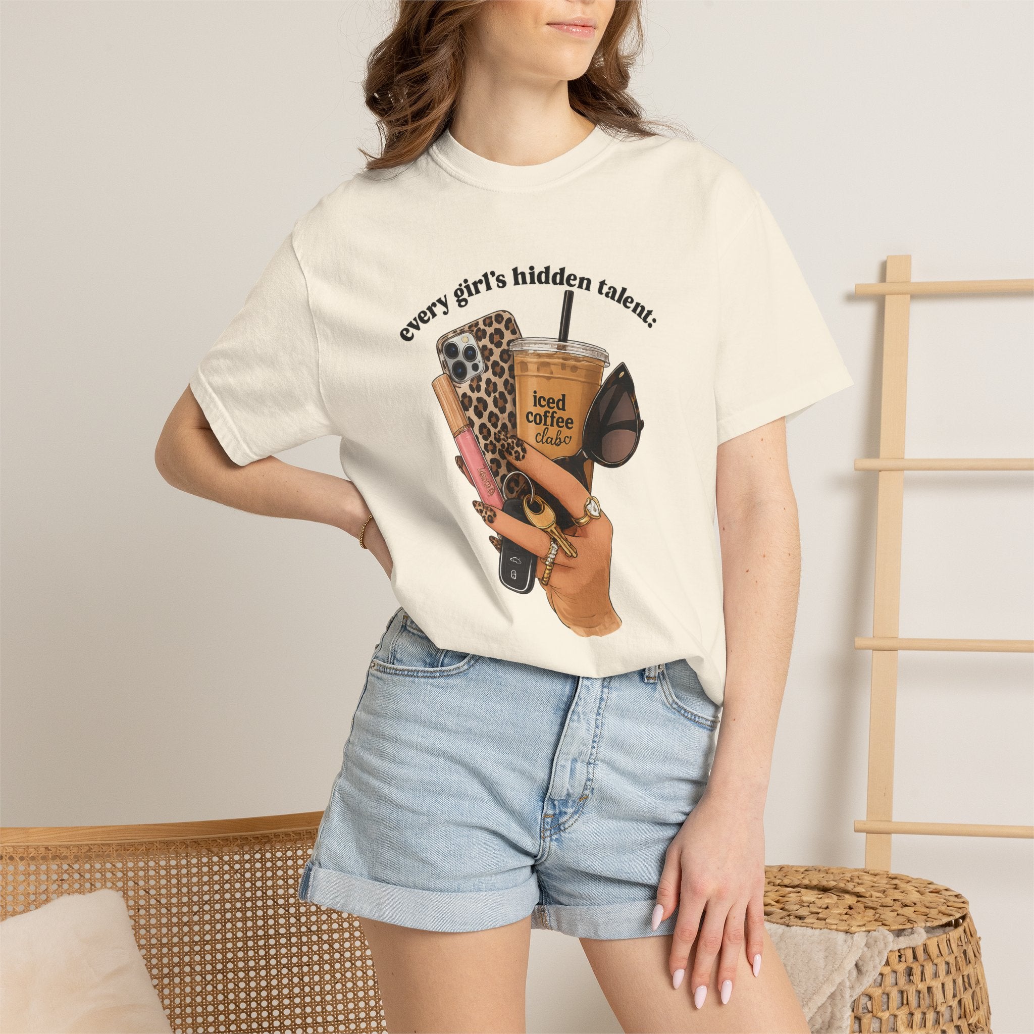 T-Shirt — Every Girl’s Hidden Talents Graphic Tee (coffee, makeup, phone, sunglasses)