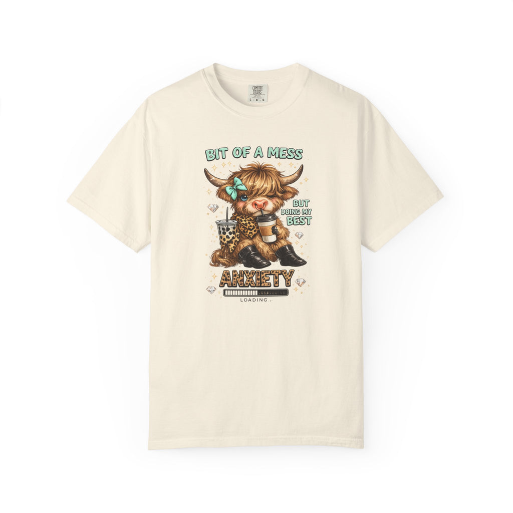 Bit of a Mess Anxiety Cowgirl Graphic T-Shirt — Cute Retro Cow Print Tee for Anxiety Awareness