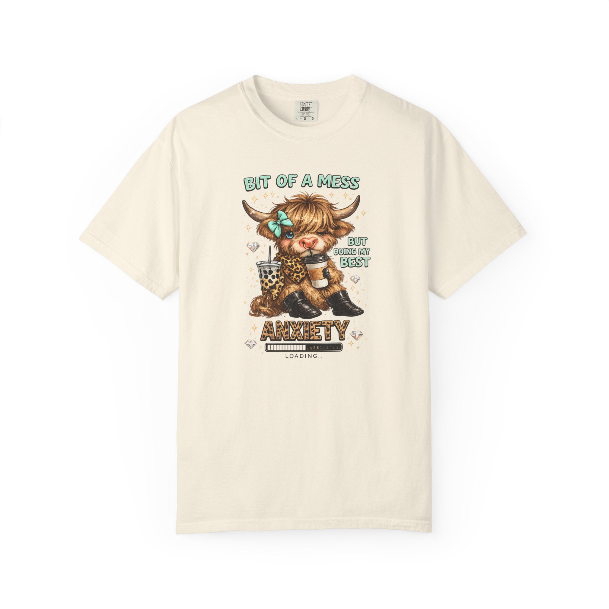 Bit of a Mess Anxiety Cowgirl Graphic T-Shirt — Cute Retro Cow Print Tee for Anxiety Awareness