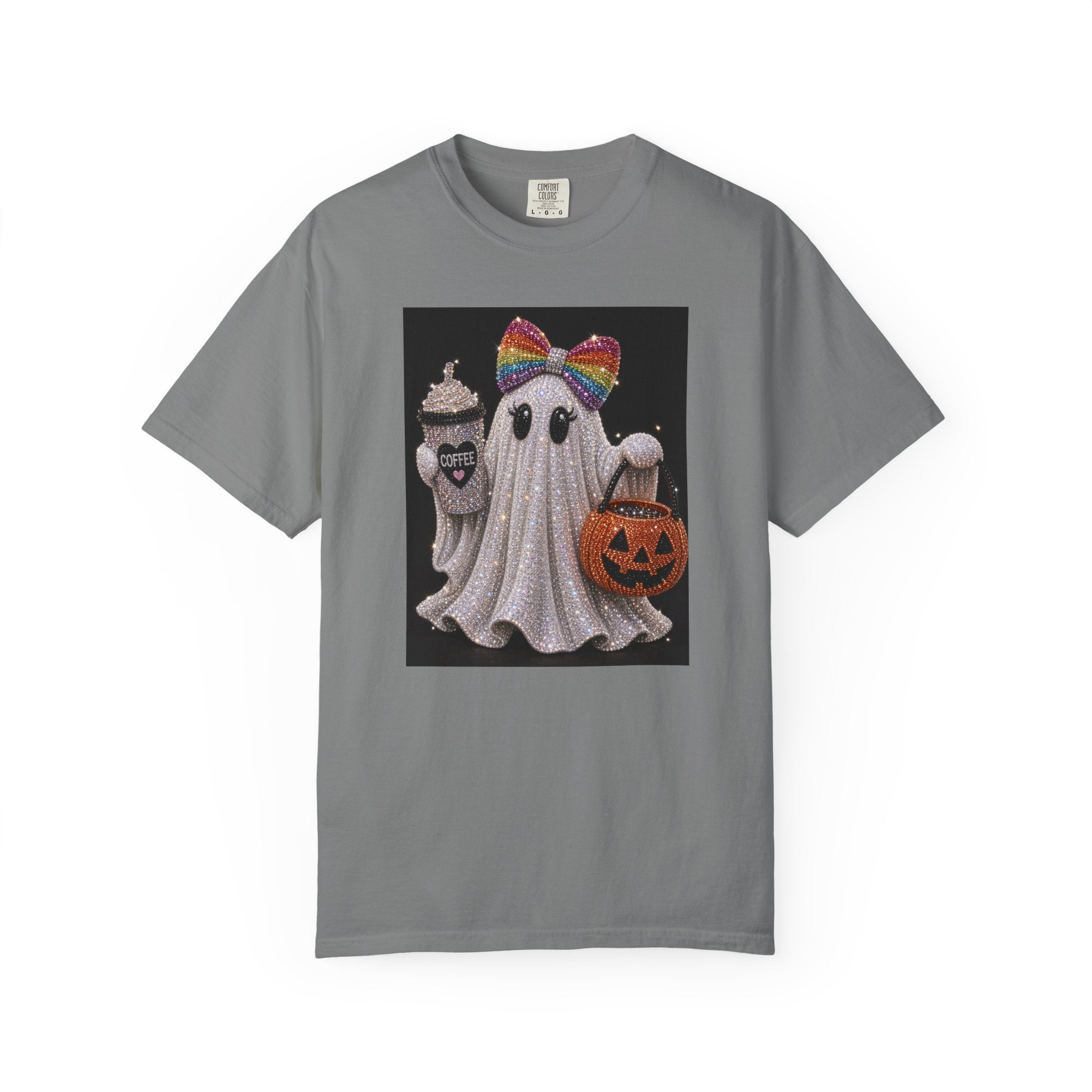 Halloween Ghost T-Shirt — Glitter Ghost with Rainbow Bow, Pumpkin & Coffee