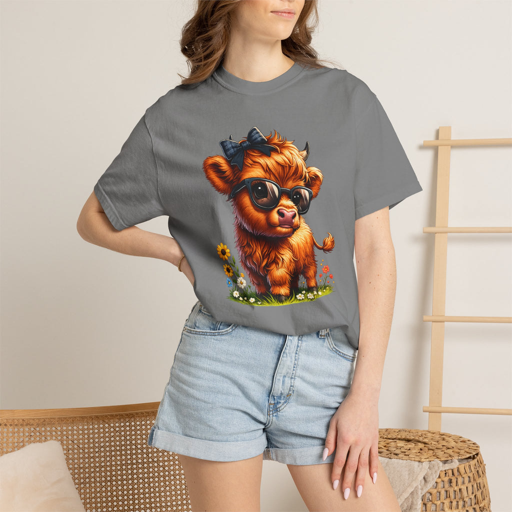 Cute Highland Calf T‑Shirt — Cool Sunglasses Cow with Flowers