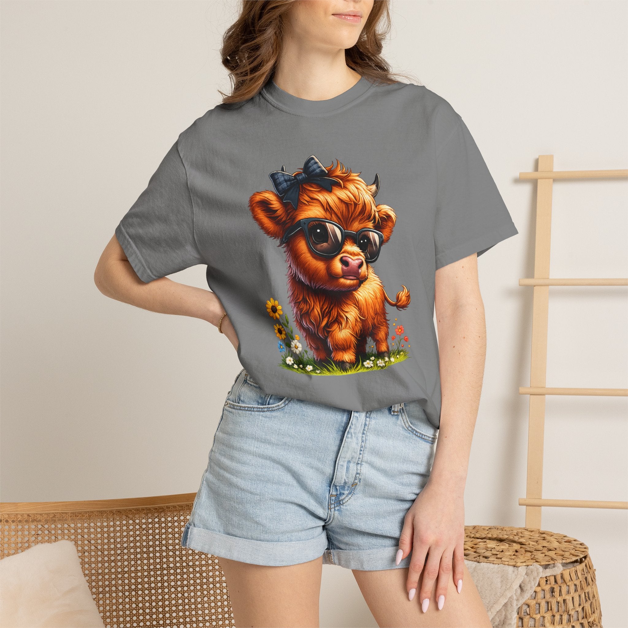 Cute Highland Calf T‑Shirt — Cool Sunglasses Cow with Flowers