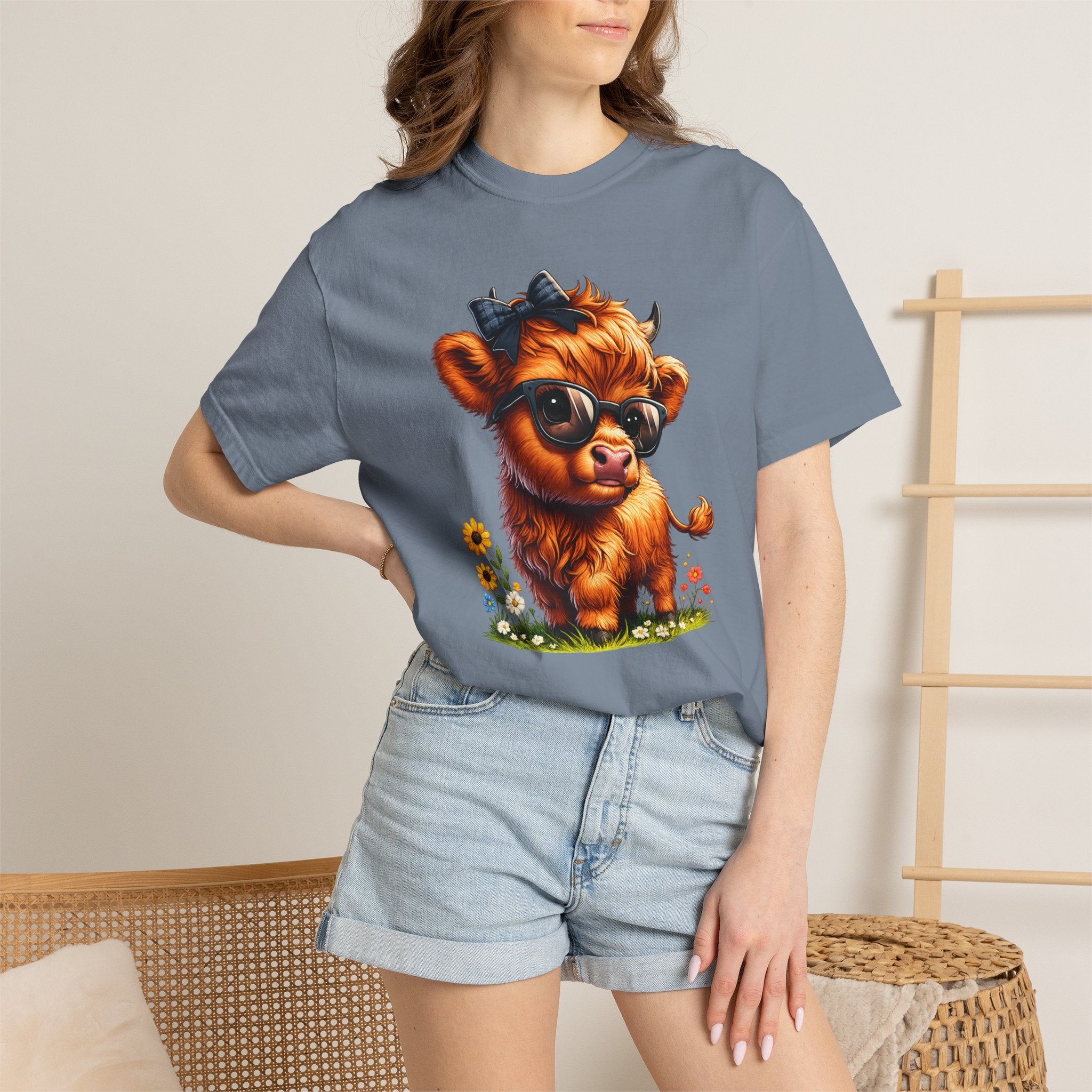Cute Highland Calf T‑Shirt — Cool Sunglasses Cow with Flowers