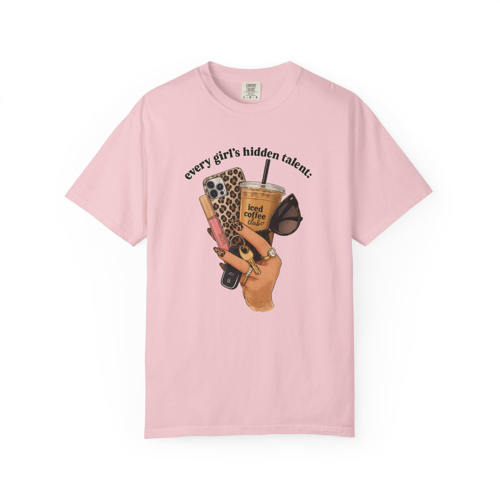 T-Shirt — Every Girl’s Hidden Talents Graphic Tee (coffee, makeup, phone, sunglasses)