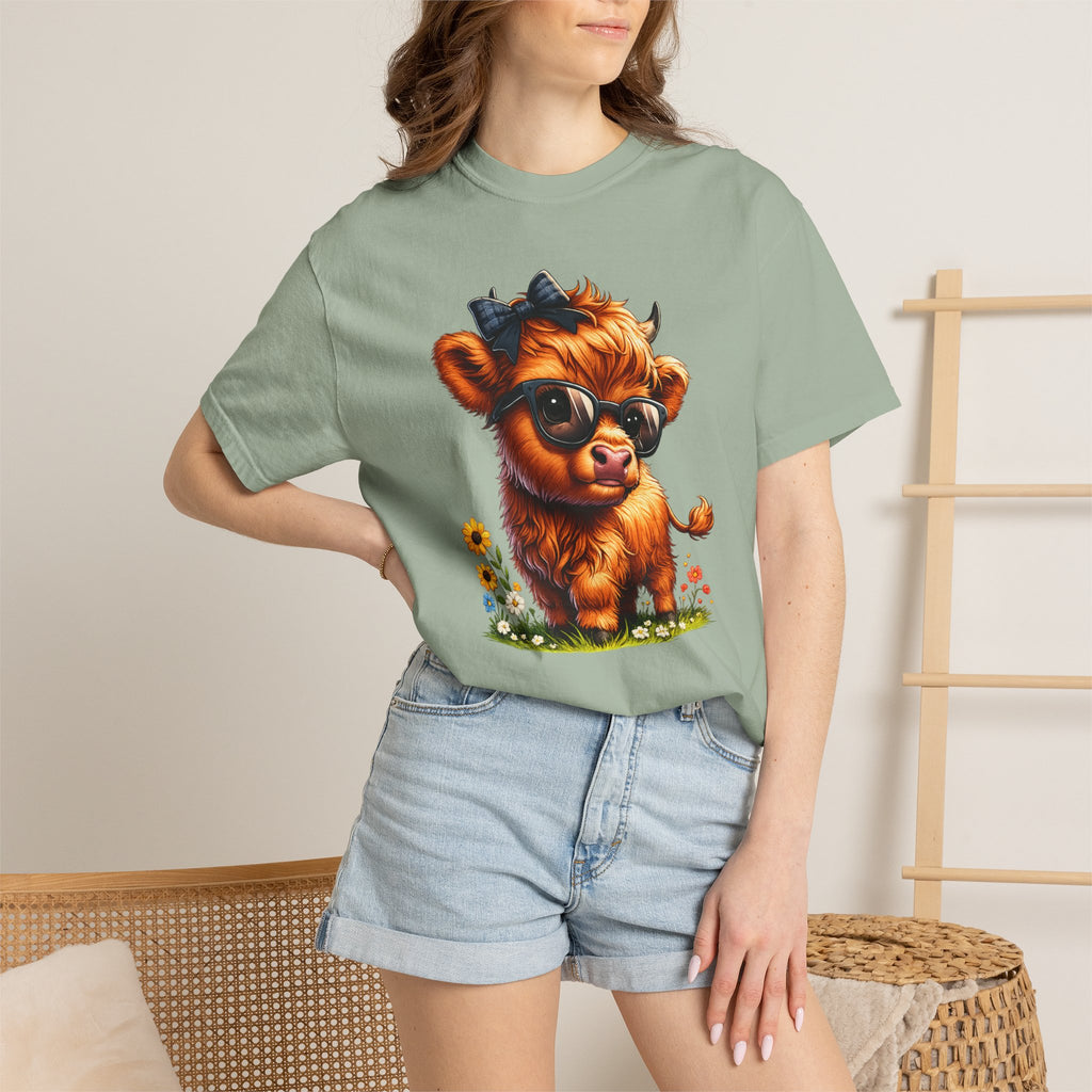 Cute Highland Calf T‑Shirt — Cool Sunglasses Cow with Flowers
