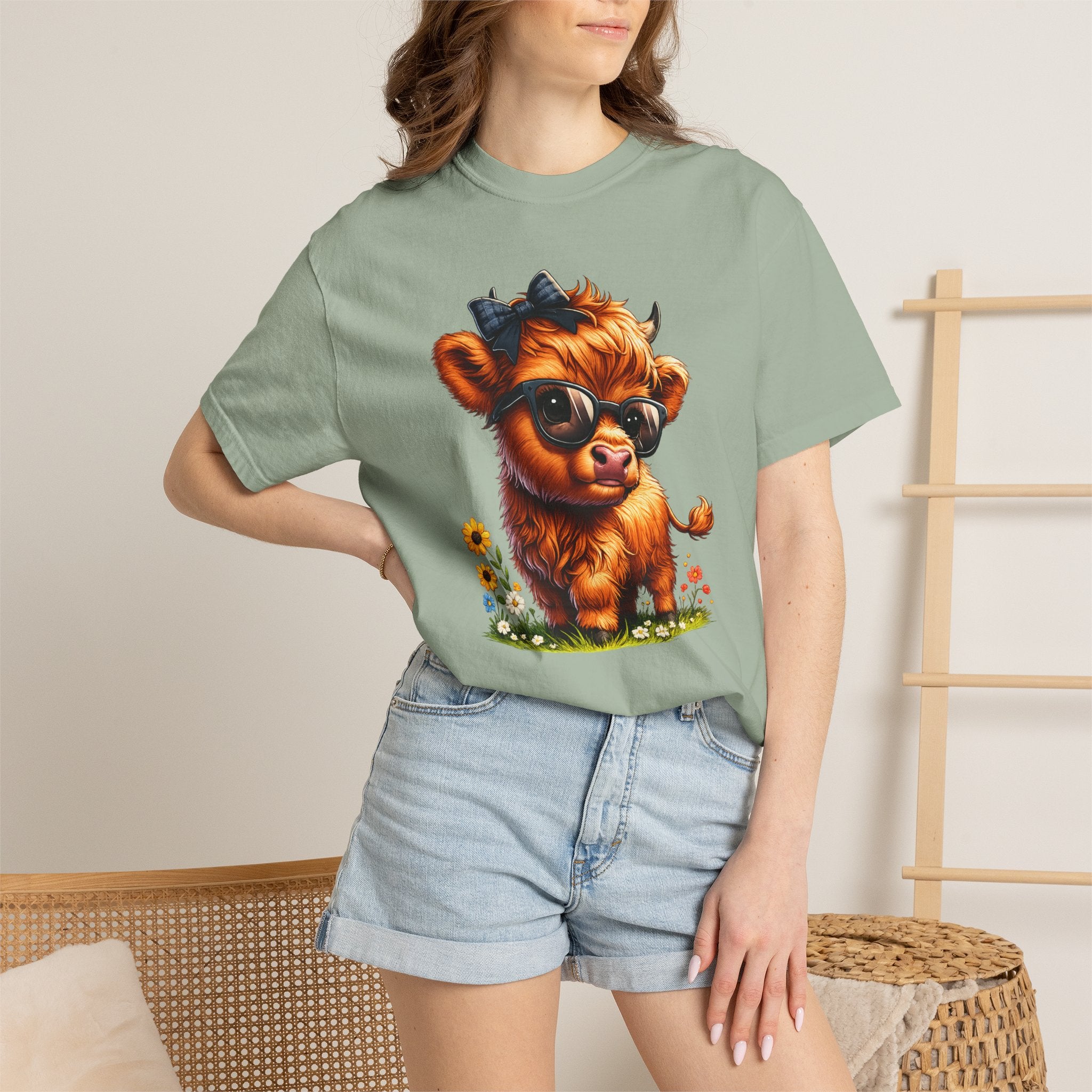 Cute Highland Calf T‑Shirt — Cool Sunglasses Cow with Flowers