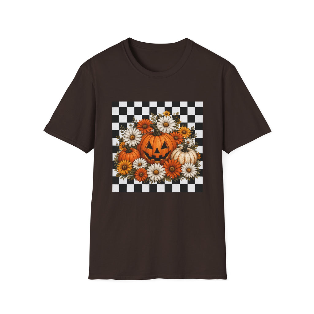 Halloween Pumpkin Floral T-Shirt — Checkerboard Jack-O'-Lantern Design