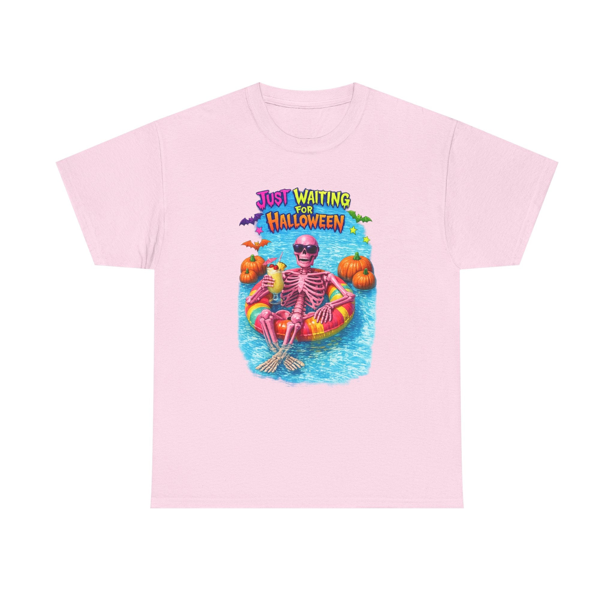 Halloween Skeleton Tee — "Just Waiting for Halloween" Pool Float Graphic T-Shirt