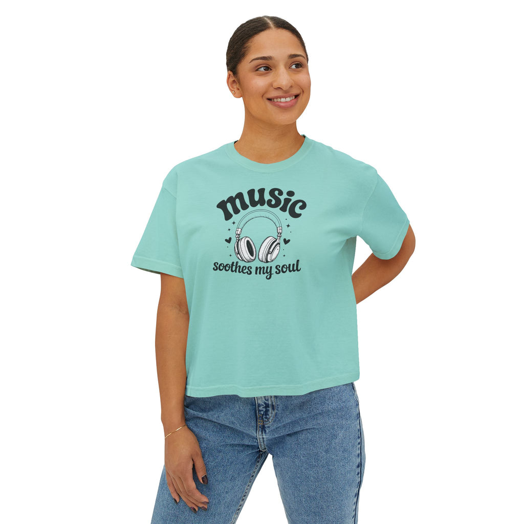 Music Soothes My Soul Boxy Tee — Women's Cropped Graphic T-Shirt with Headphones