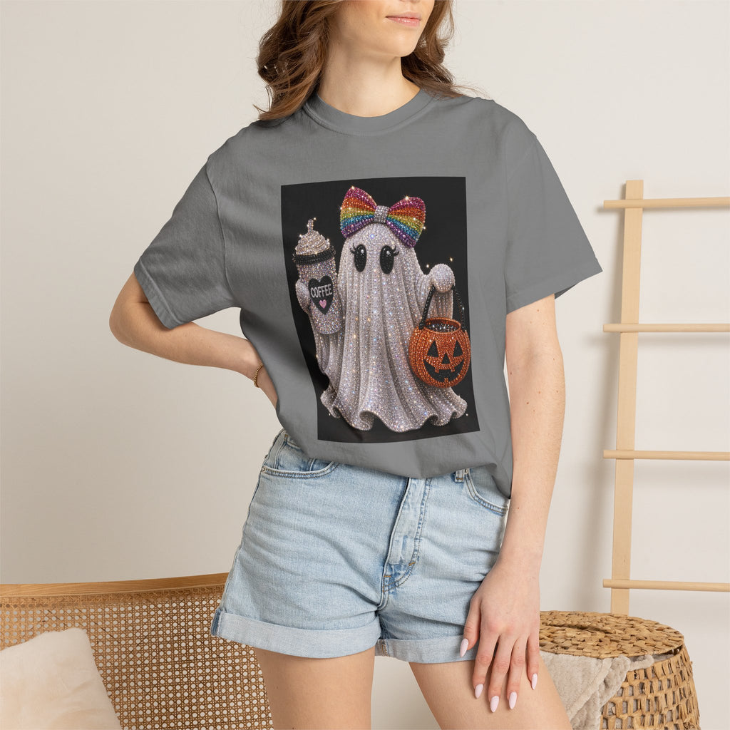 Halloween Ghost T-Shirt — Glitter Ghost with Rainbow Bow, Pumpkin & Coffee