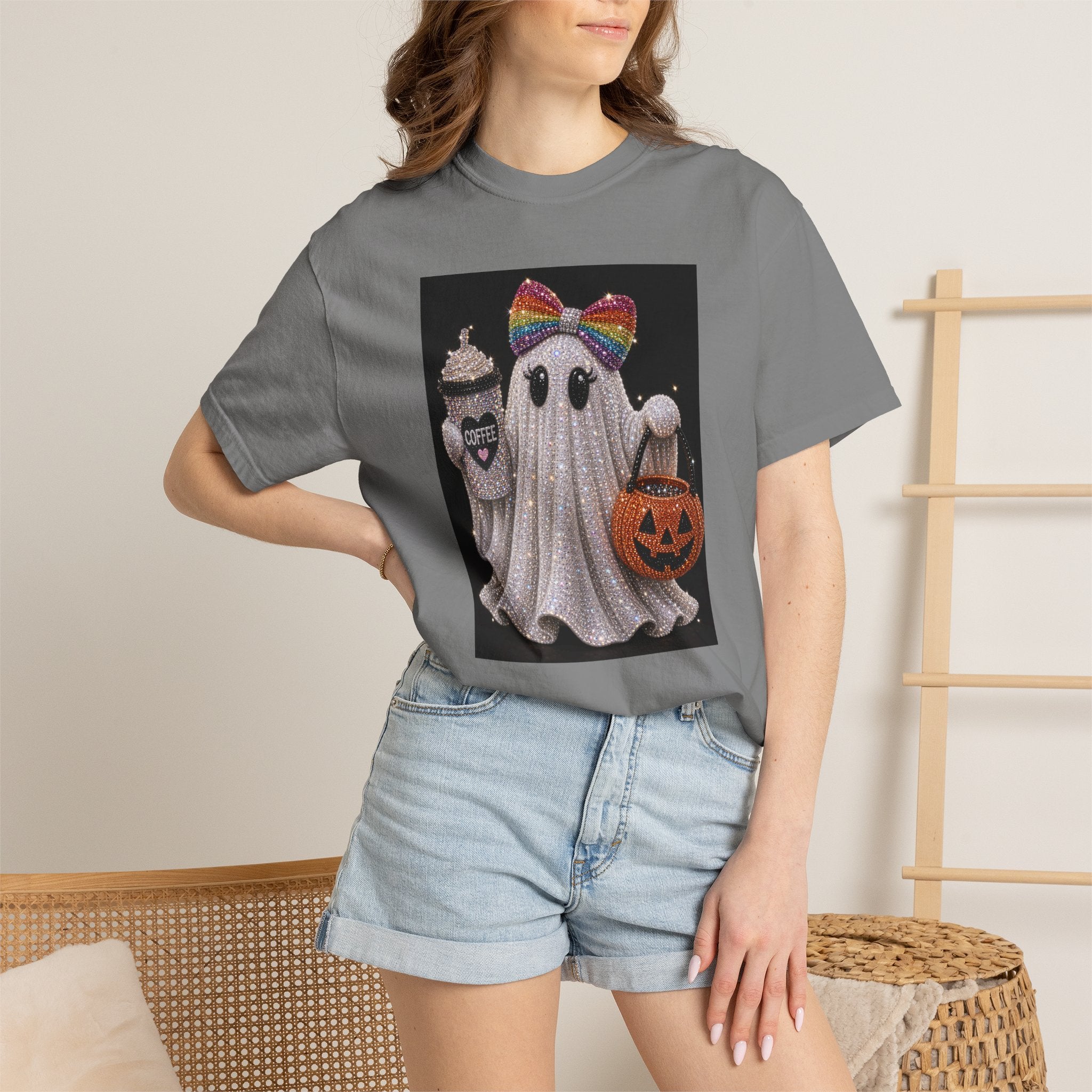 Halloween Ghost T-Shirt — Glitter Ghost with Rainbow Bow, Pumpkin & Coffee