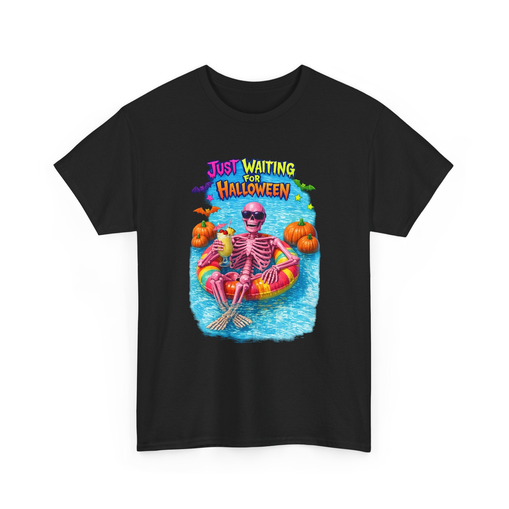 Halloween Skeleton Tee — "Just Waiting for Halloween" Pool Float Graphic T-Shirt