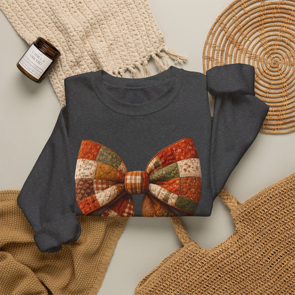Patchwork Bow Sweatshirt — Cozy Autumn Plaid Crewneck