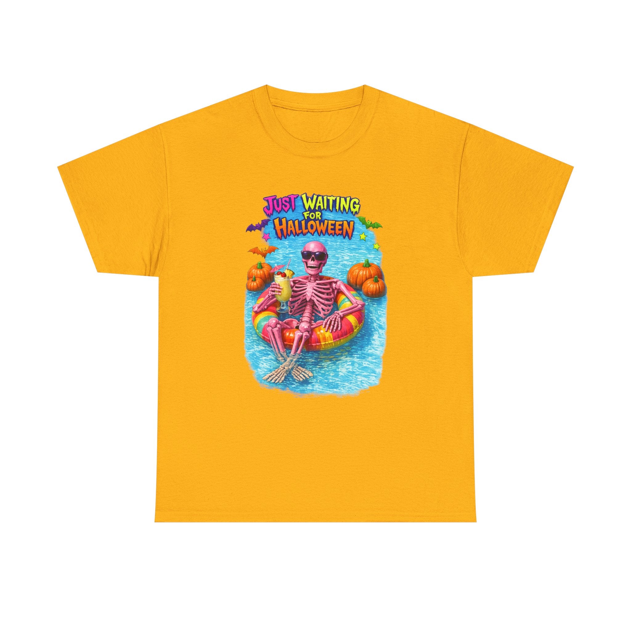 Halloween Skeleton Tee — "Just Waiting for Halloween" Pool Float Graphic T-Shirt