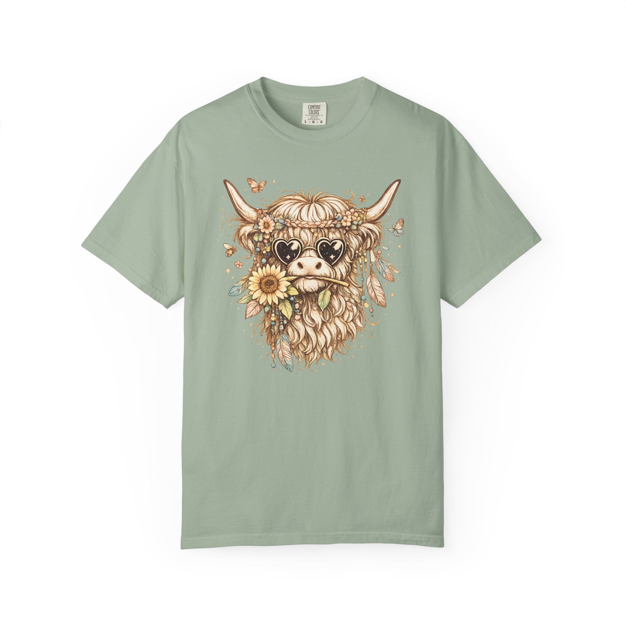 Highland Cow Floral T‑Shirt — Sunflower Boho Highland Cattle Tee