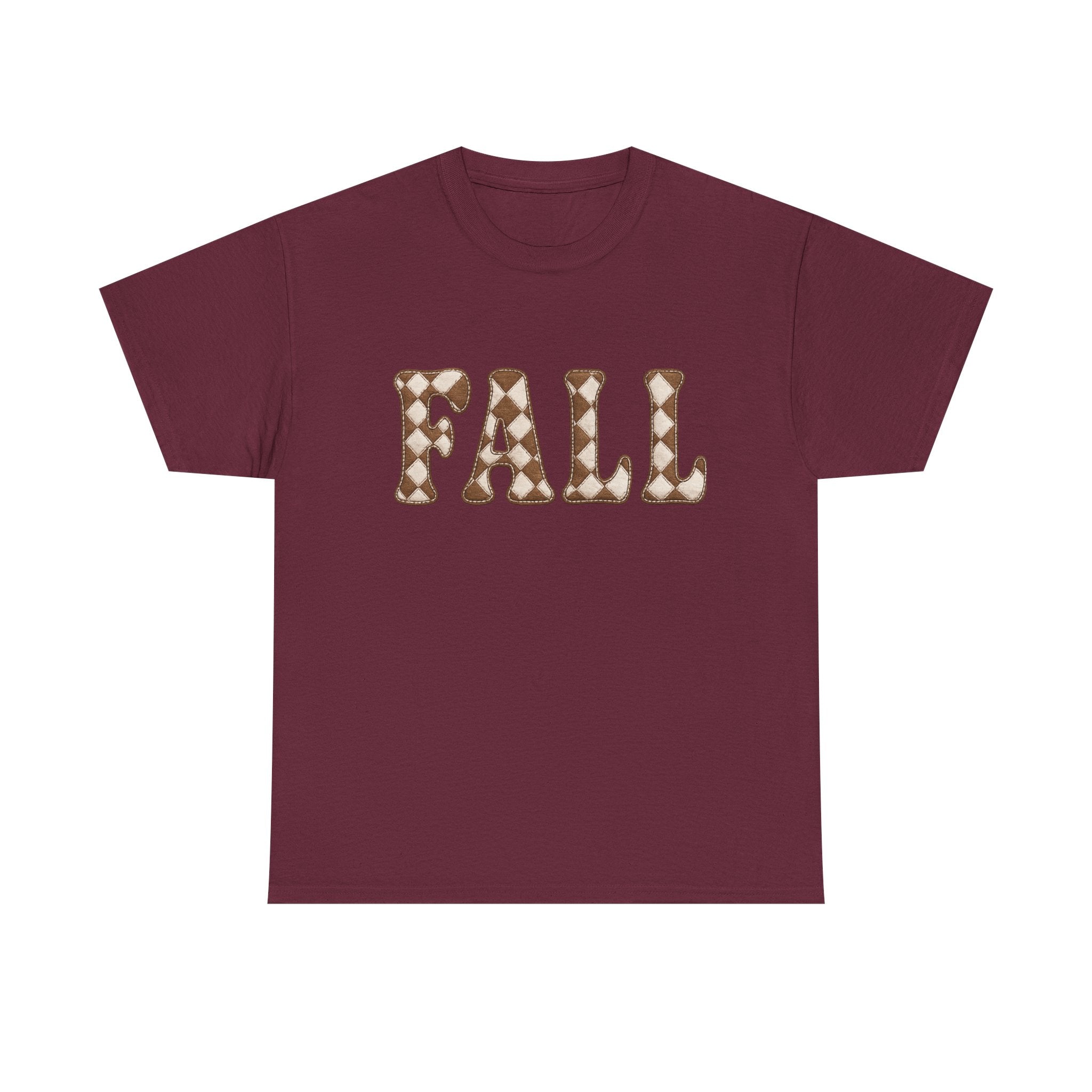 Fall Pumpkin Pattern T-Shirt — Cozy Autumn Tee with 'FALL' Lettering